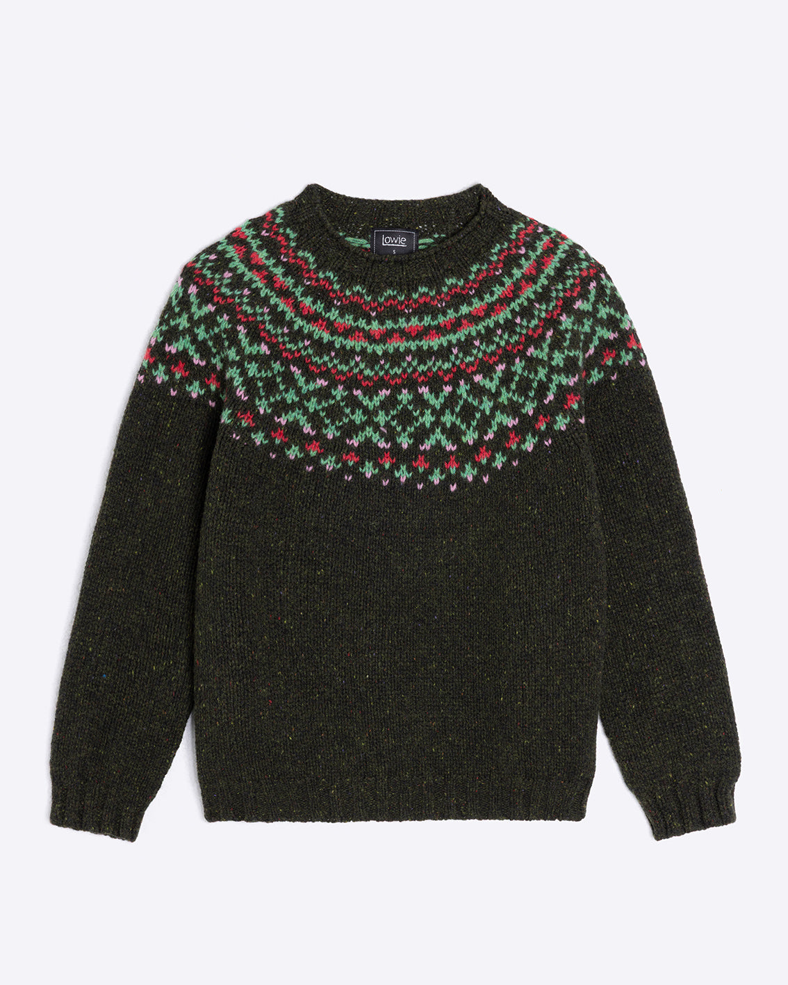 A dark olive green knit sweater with a colorful Fair Isle yoke pattern in green, red, and white, displayed flat against a light gray background.