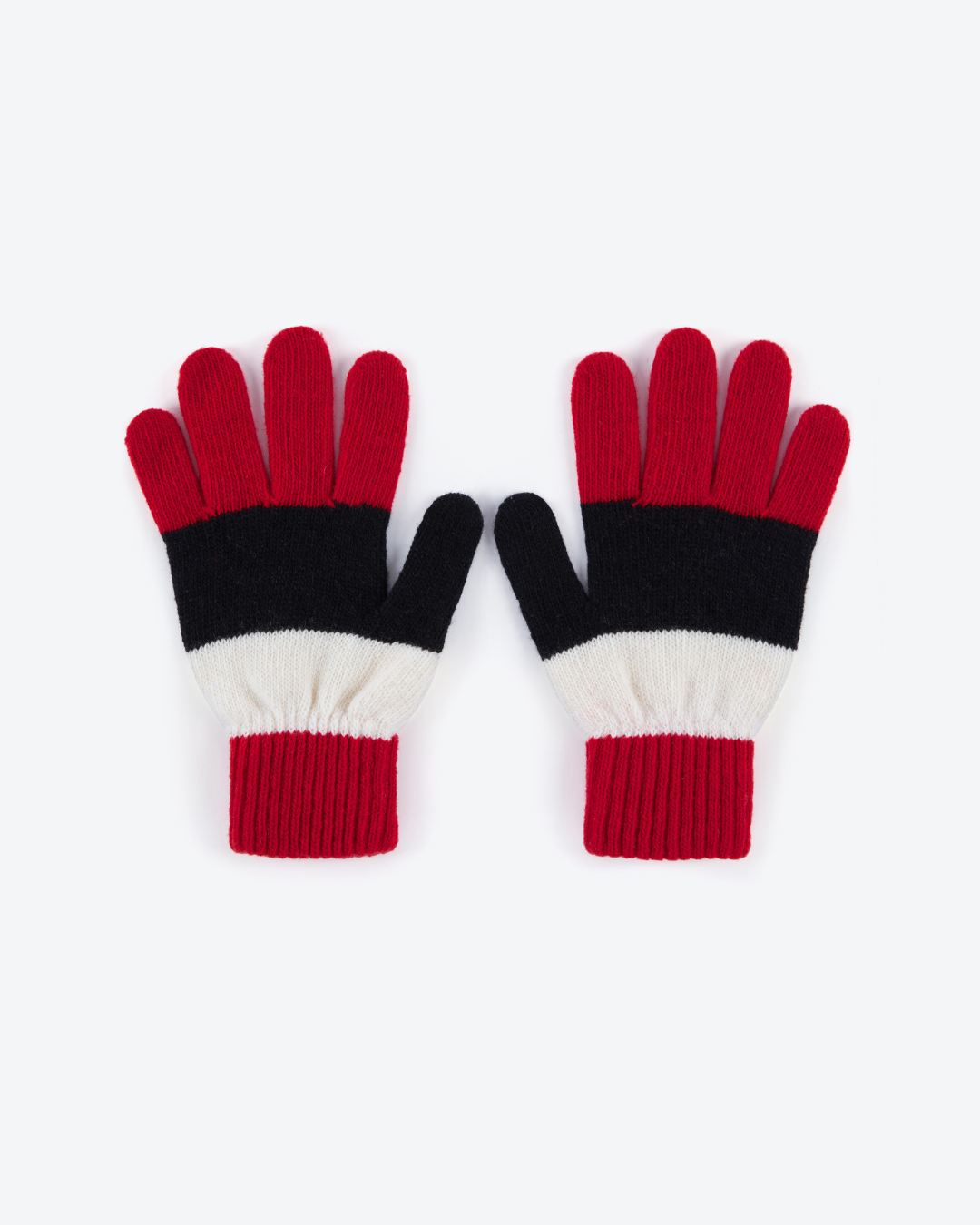 Pair of red, black, and white gloves on a white background