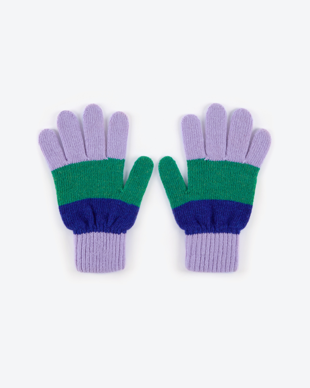 Pair of gloves with green and purple color pattern on a white background