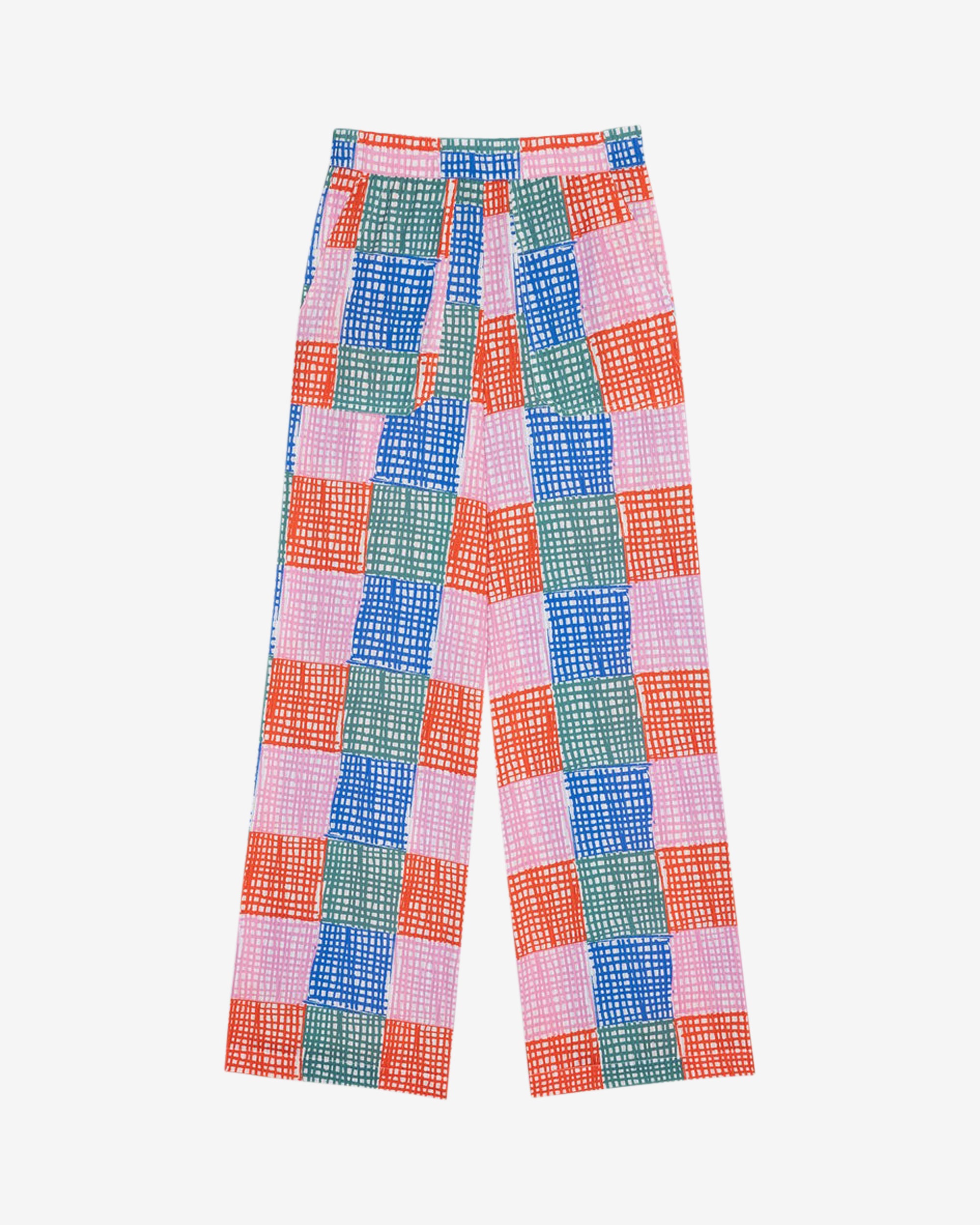 A pair of straight leg trousers with a multicolored grid check pattern. The trousers have a flat front, elasticated waist at the back, and side patch pockets.