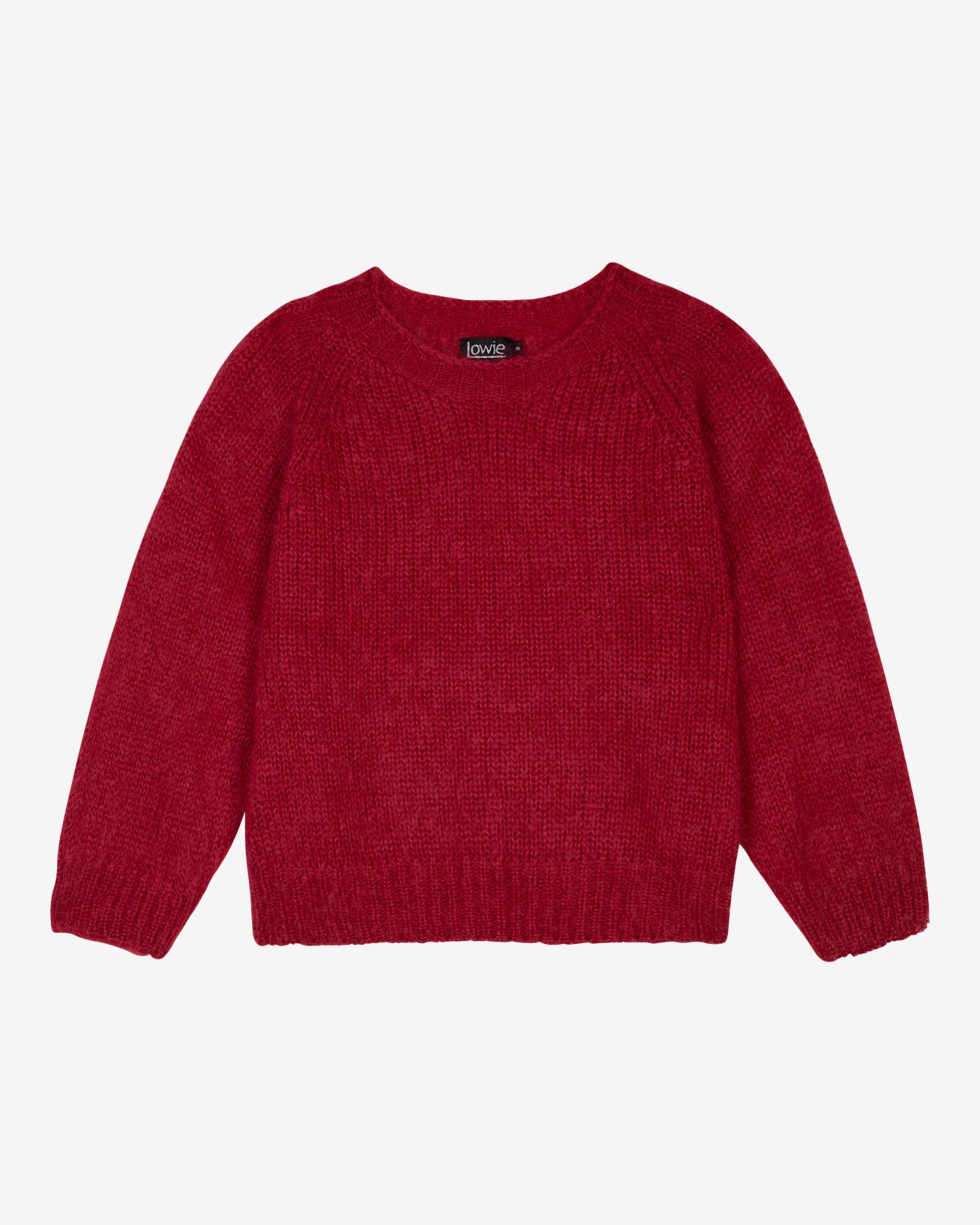 A cropped, bracelet sleeve, round neck red mohair jumper.