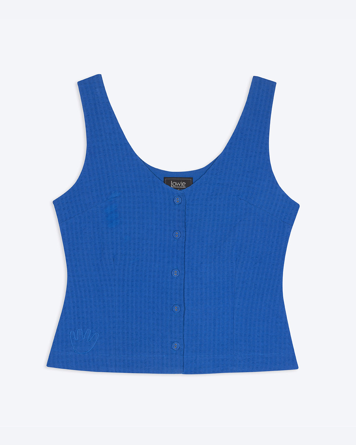 Blue tank top with button details on a white background