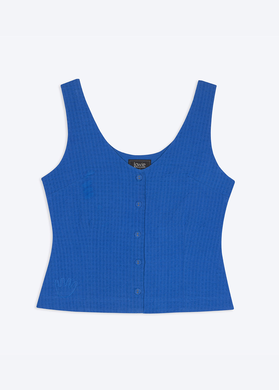Blue tank top with button details on a white background