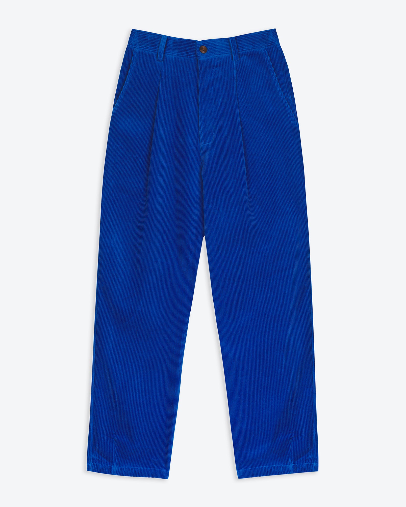 A pair of electric cobalt blue corduroy easy trousers with a 4-pocket design, belt loops, pleats, and a tapered leg.