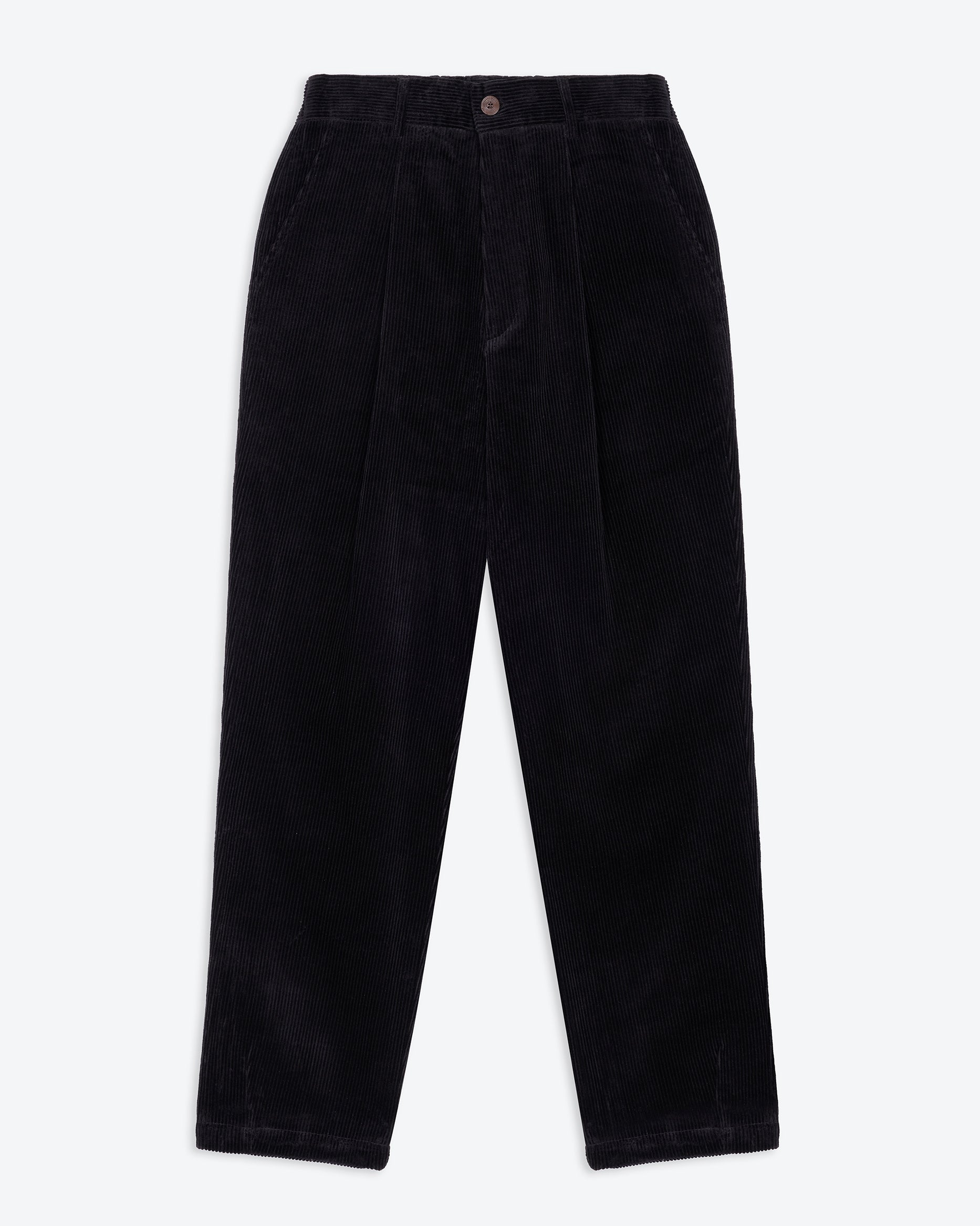 A pair of black corduroy easy trousers with a waistband, pockets, and pleats.
