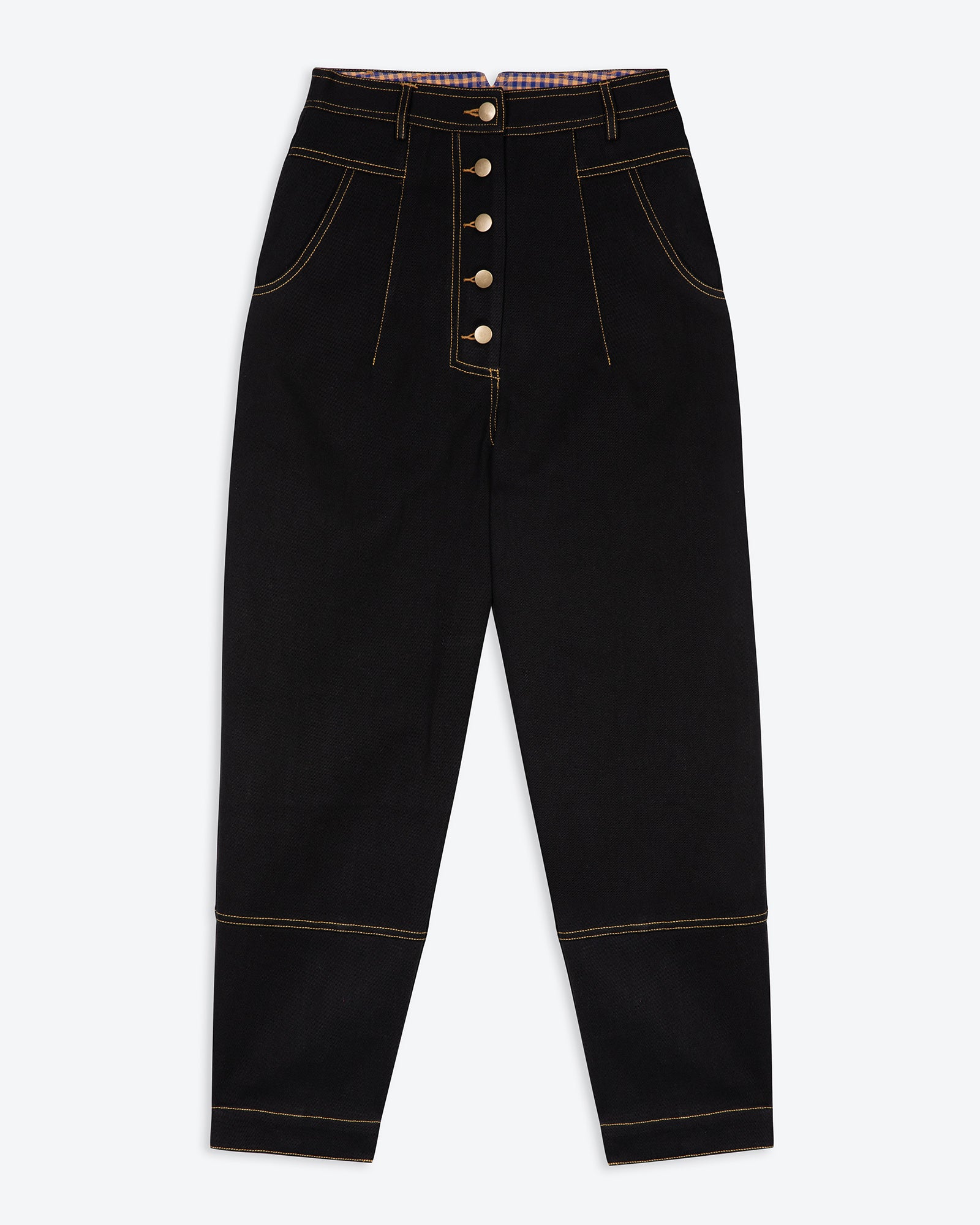 A pair of Lowie Drill Black 5 Button Trouser with slanted side pockets and exposed button fastening on a white background.