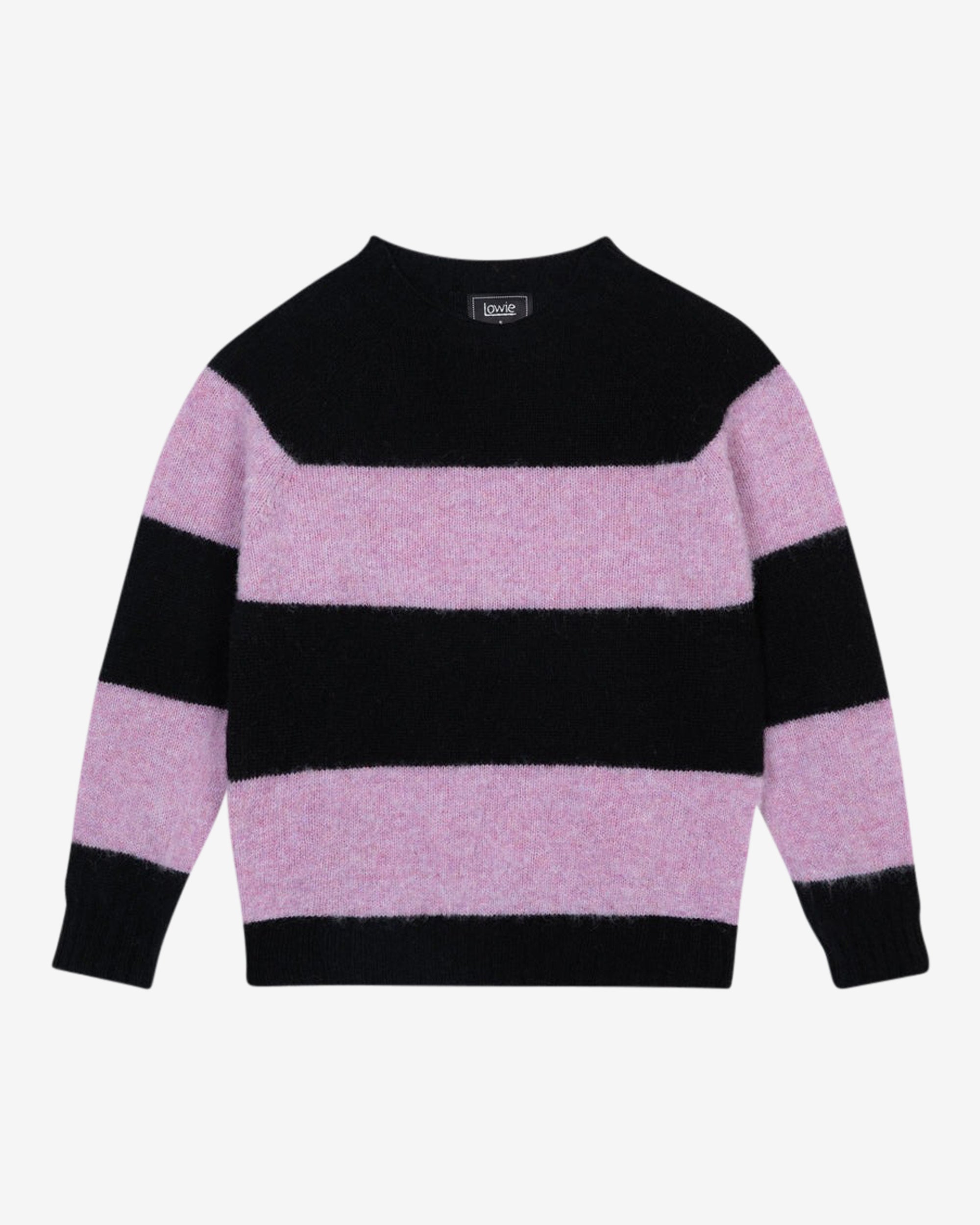 A striped Scottish jumper with horizontal black and lilac blocks, featuring a round neckline and ribbed-knit hemline and trim around neck and wrist.