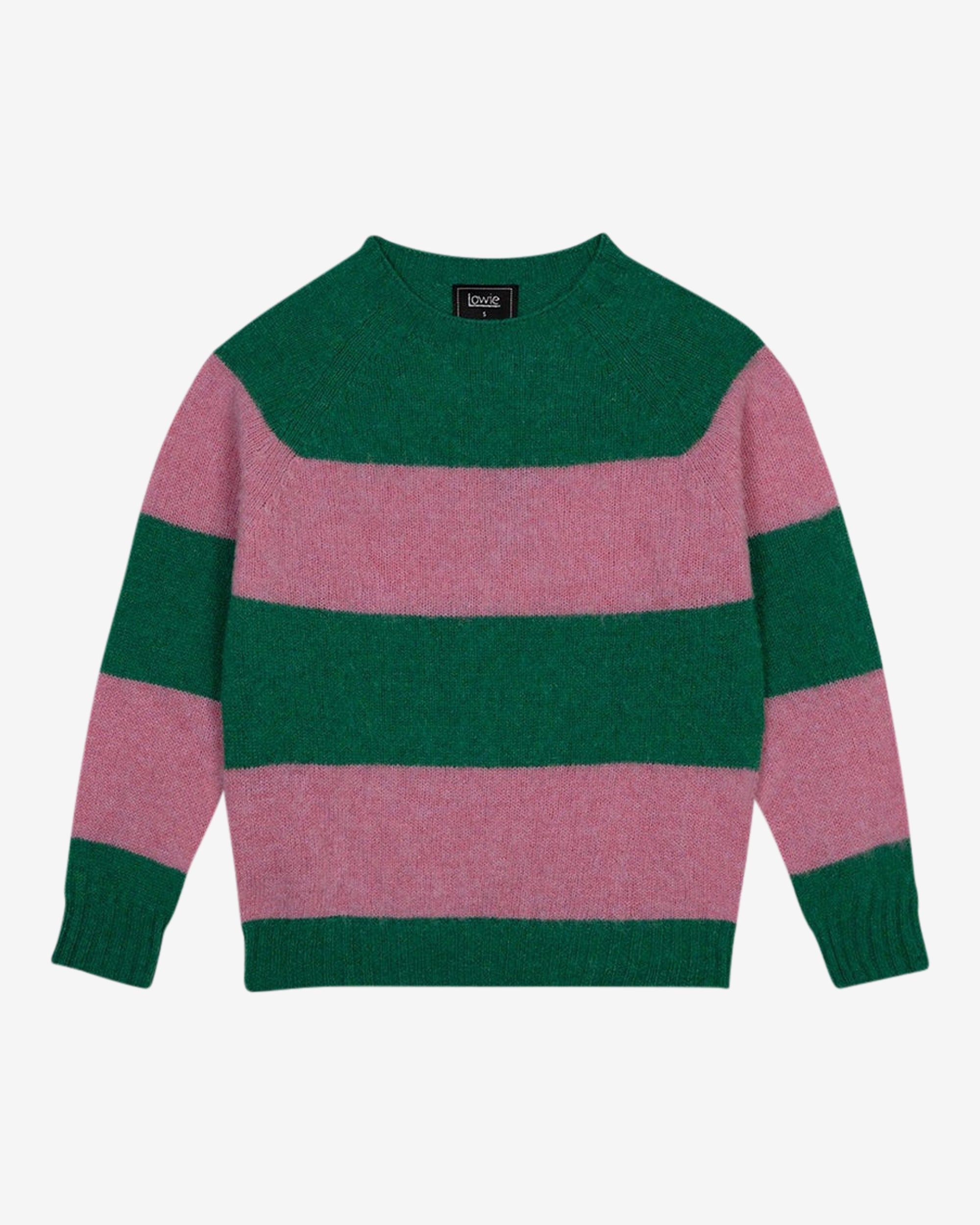 A striped Scottish jumper with horizontal pink and green blocks and a round neckline.