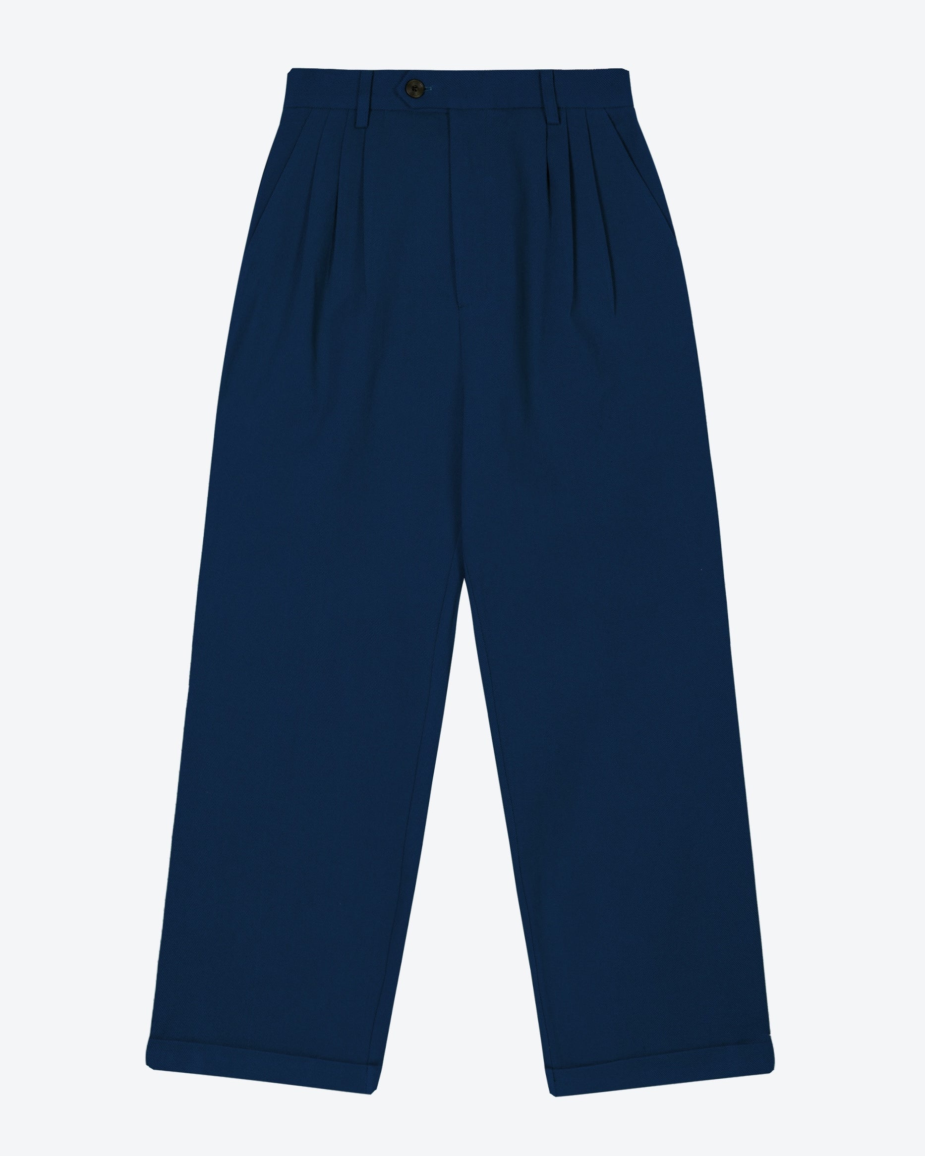 Navy pleat front trousers with a wide leg cut, featuring a tab front opening and back jet pockets.