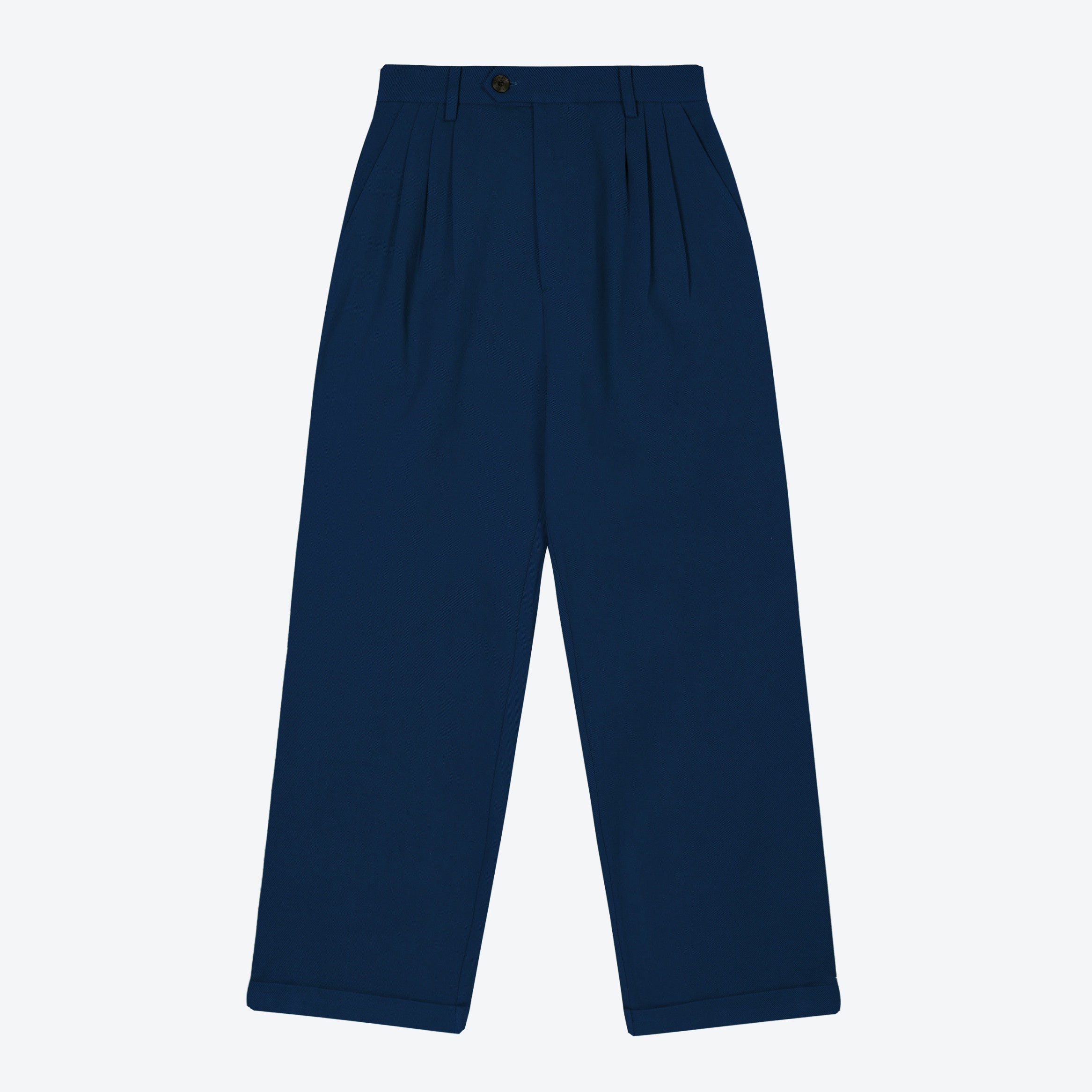 Navy pleat front trousers with a wide leg cut, featuring a tab front opening and back jet pockets.