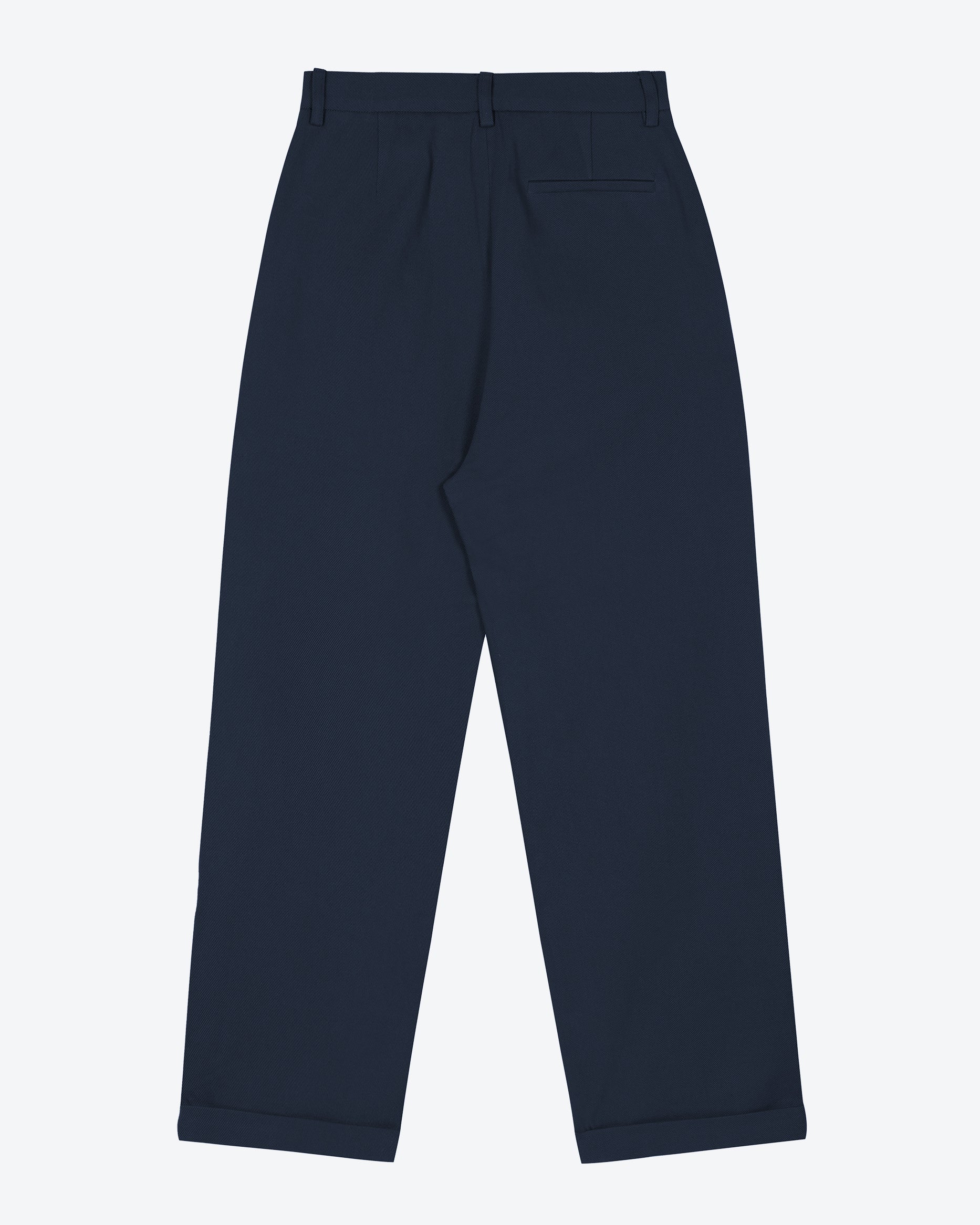 A pair of navy pleat front trousers with a tab front opening and back jet pockets.
