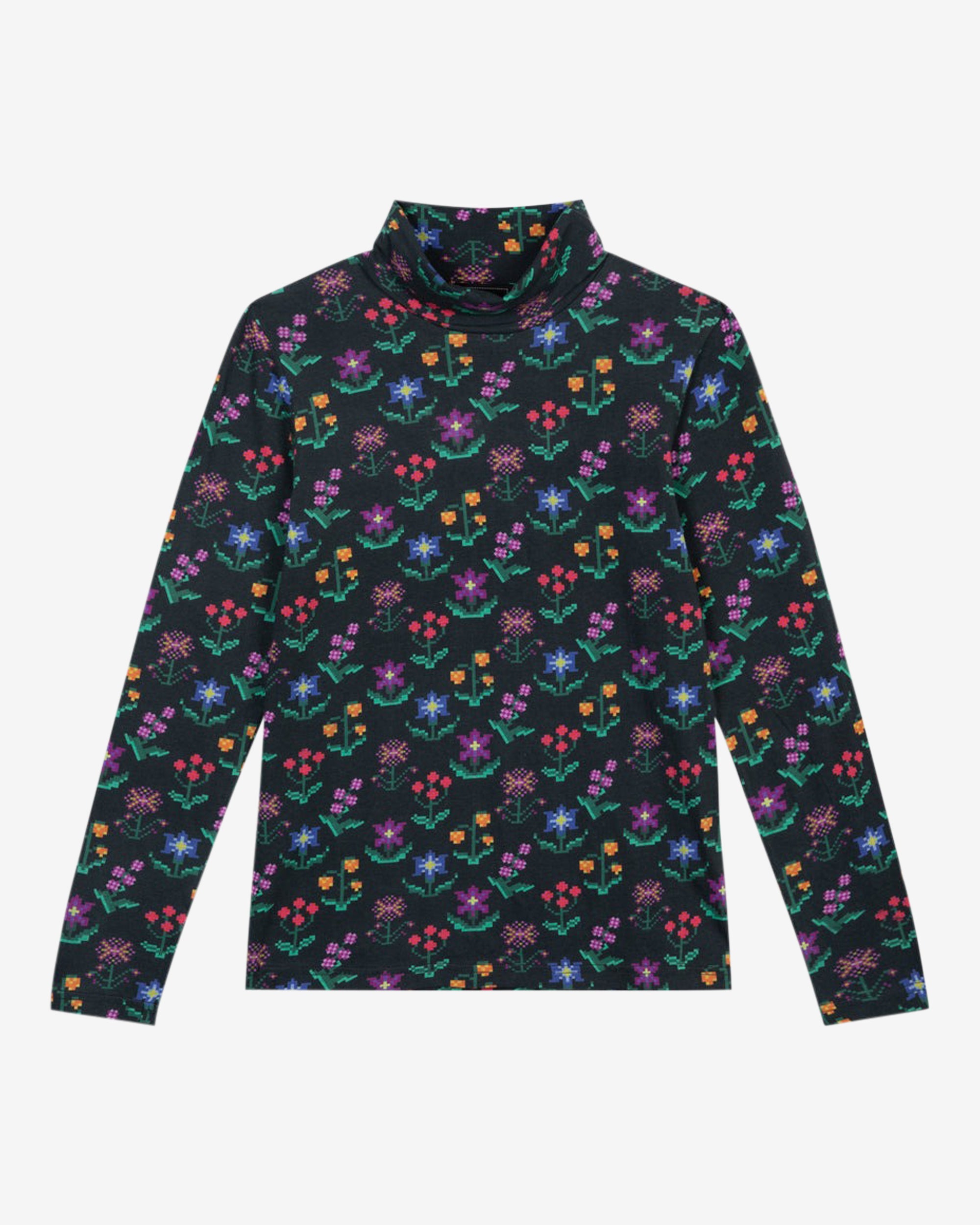 A long sleeve printed roll neck t-shirt with a turtle pattern in multicolor on a black background, made from organic cotton.
