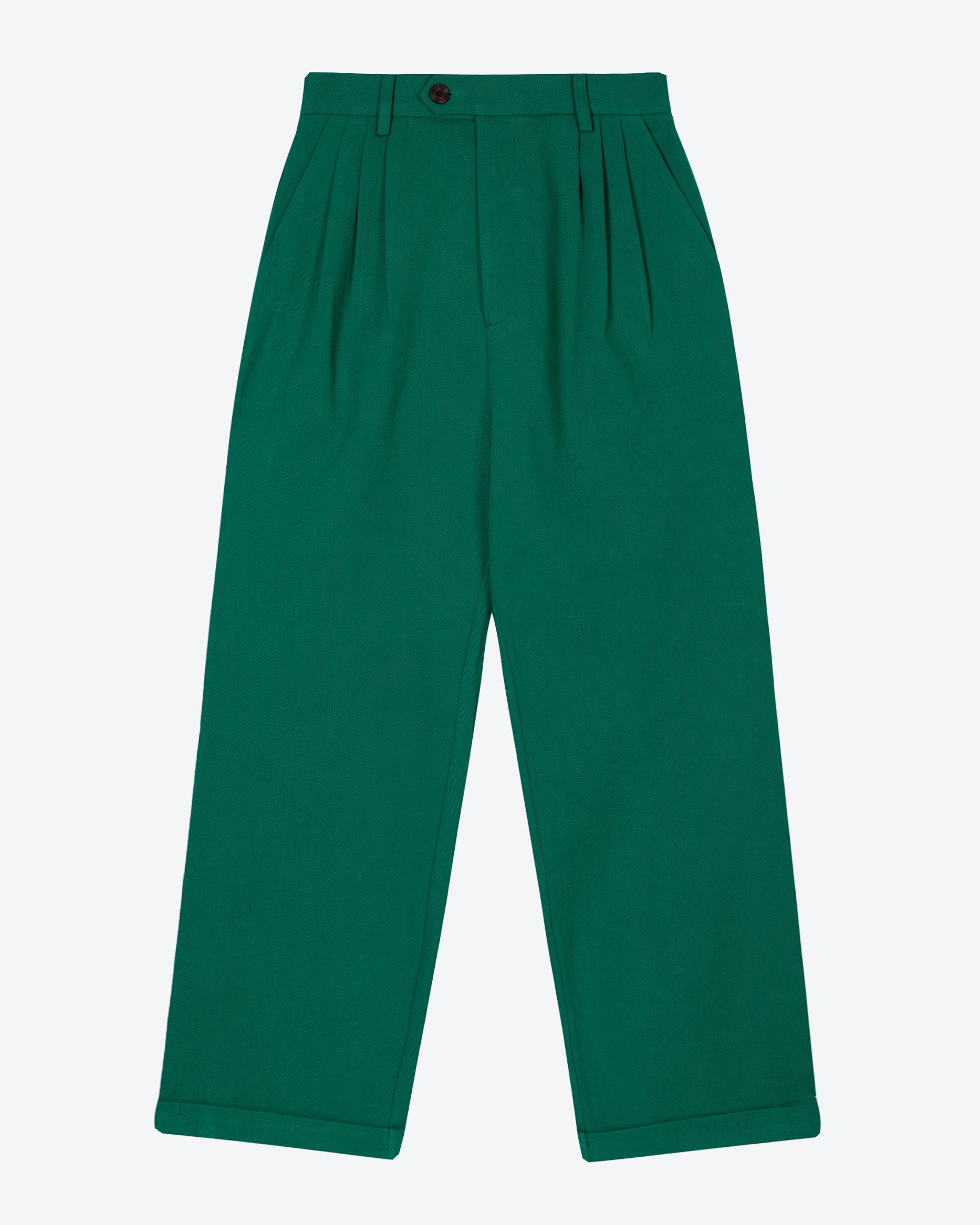 A pair of green pleat front trousers with a tab front opening and back jet pockets.
