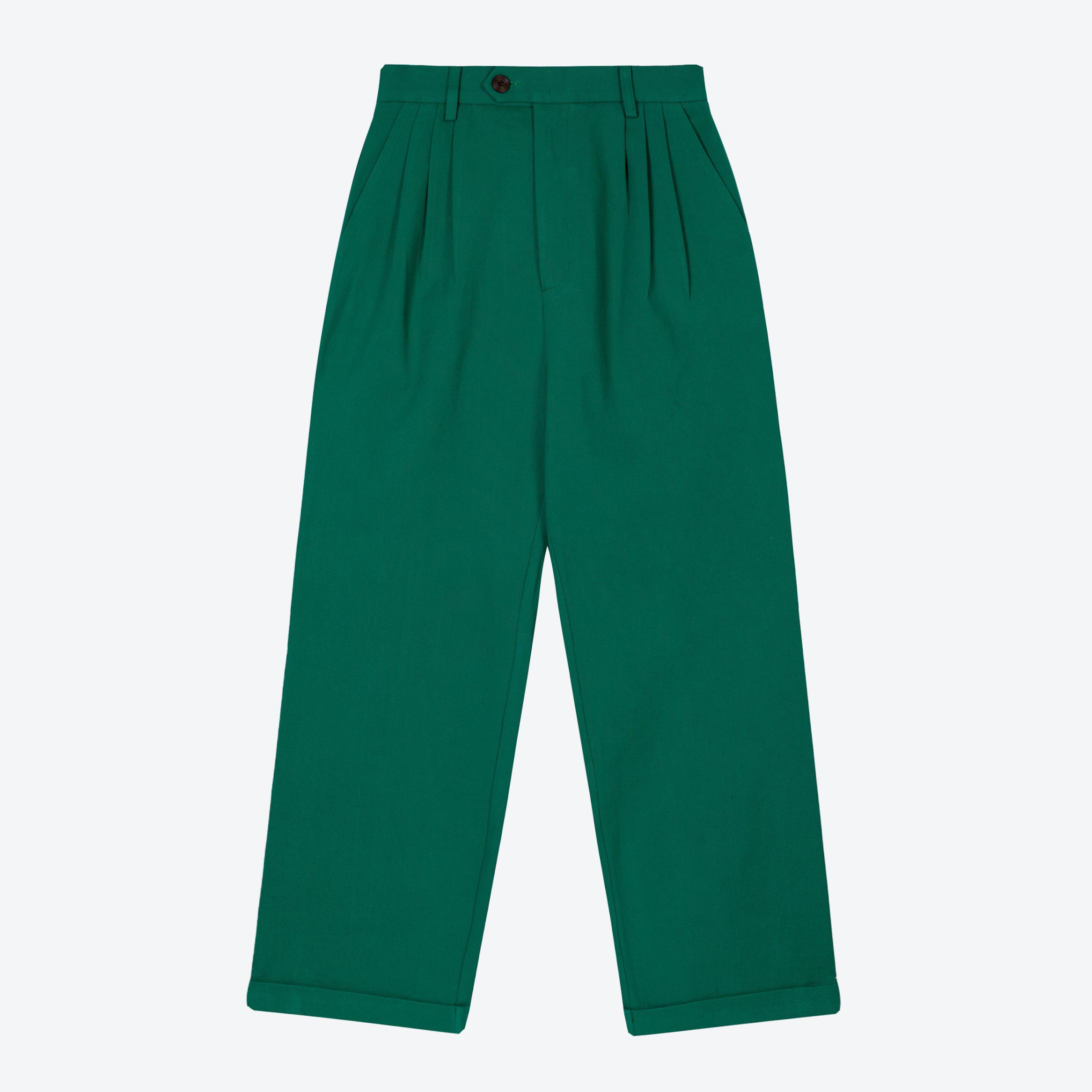 A pair of green pleat front trousers with a tab front opening and back jet pockets.