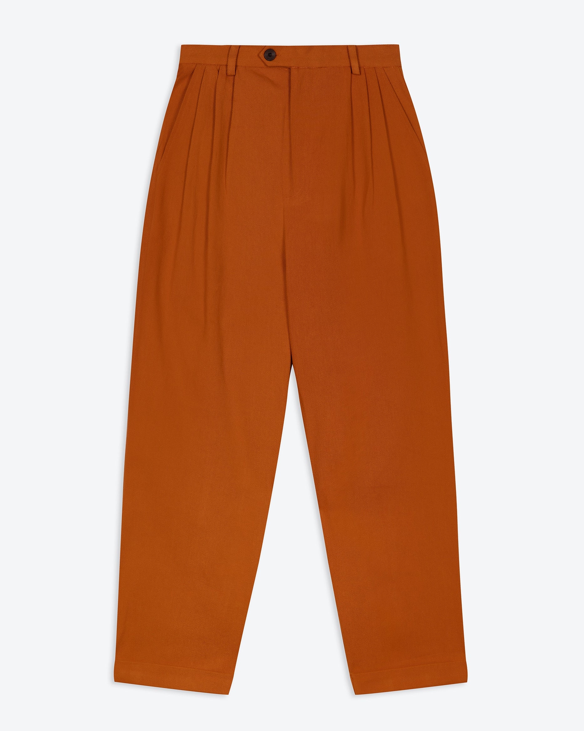 A pair of Lowie Drill Pumpkin Pleat Front Trouser in orange color, made from cotton drill fabric.