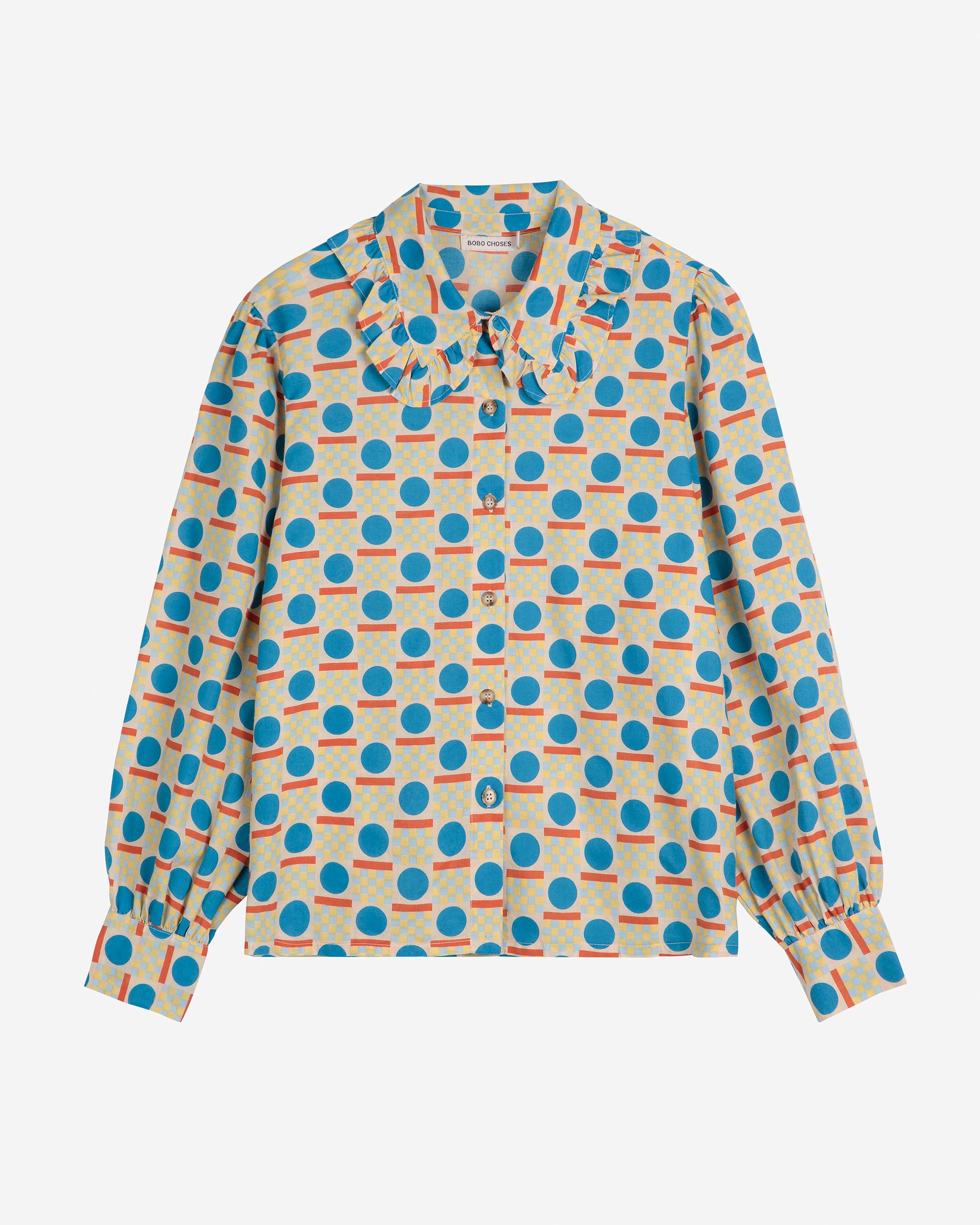 Long-sleeve shirt with a colorful pattern on a white background