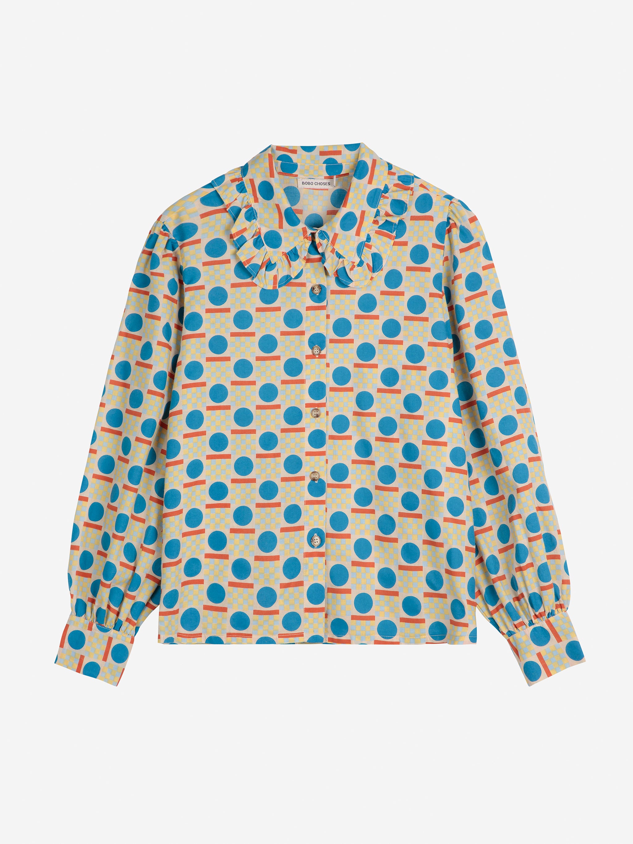 Long-sleeve shirt with a colorful pattern on a white background