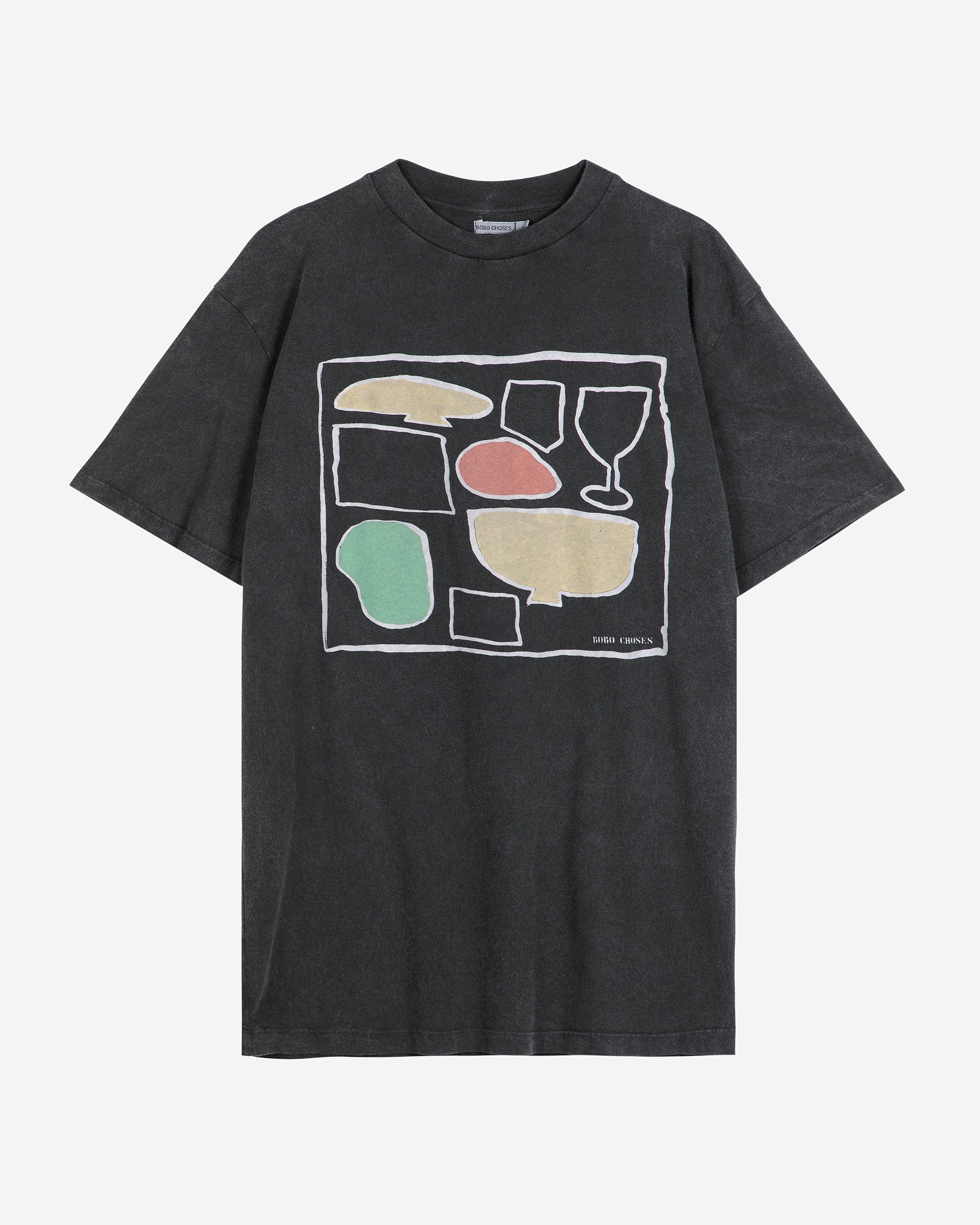 Black t-shirt with colorful graphic design on a white background