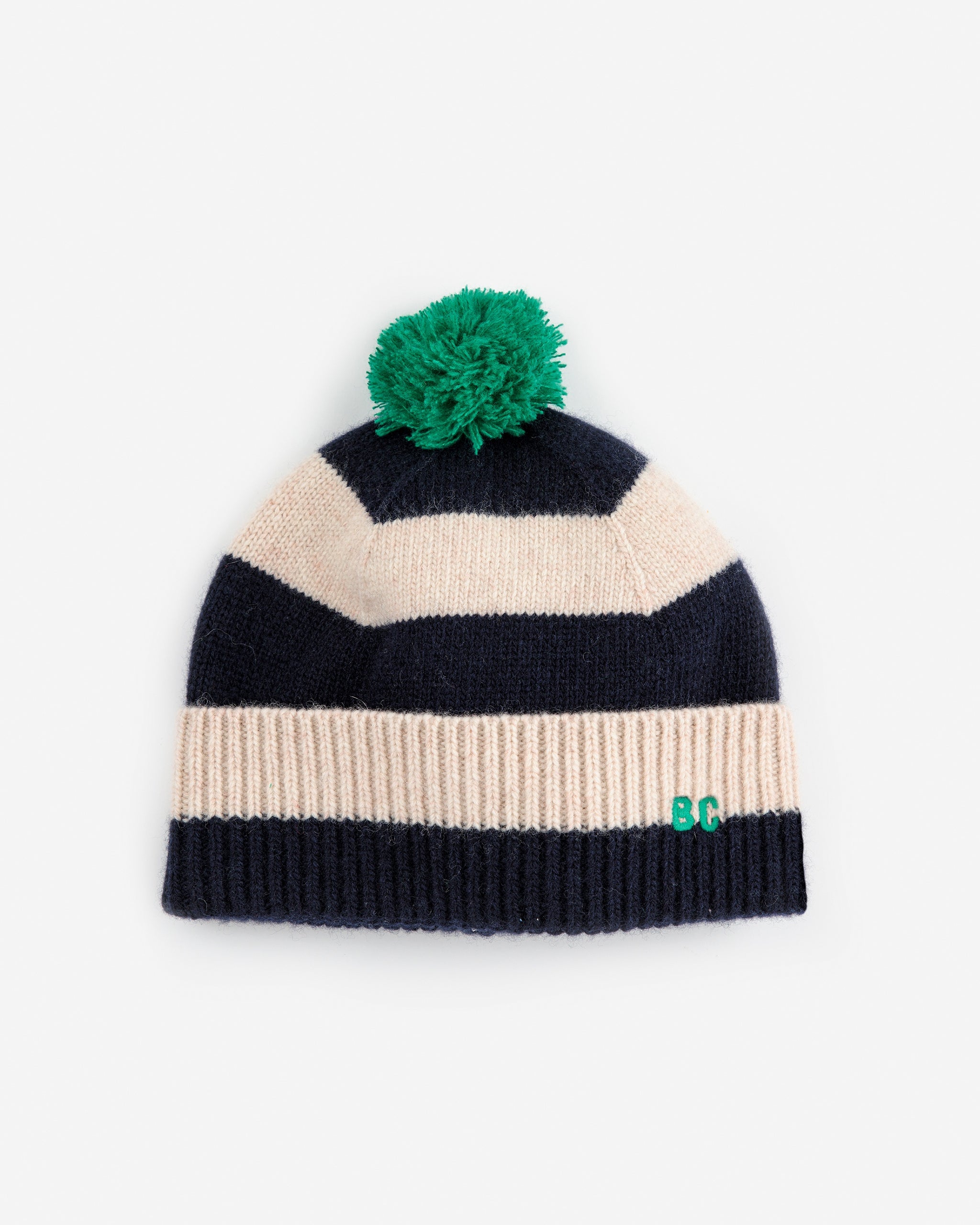 Striped beanie with a green pom-pom on a white background
