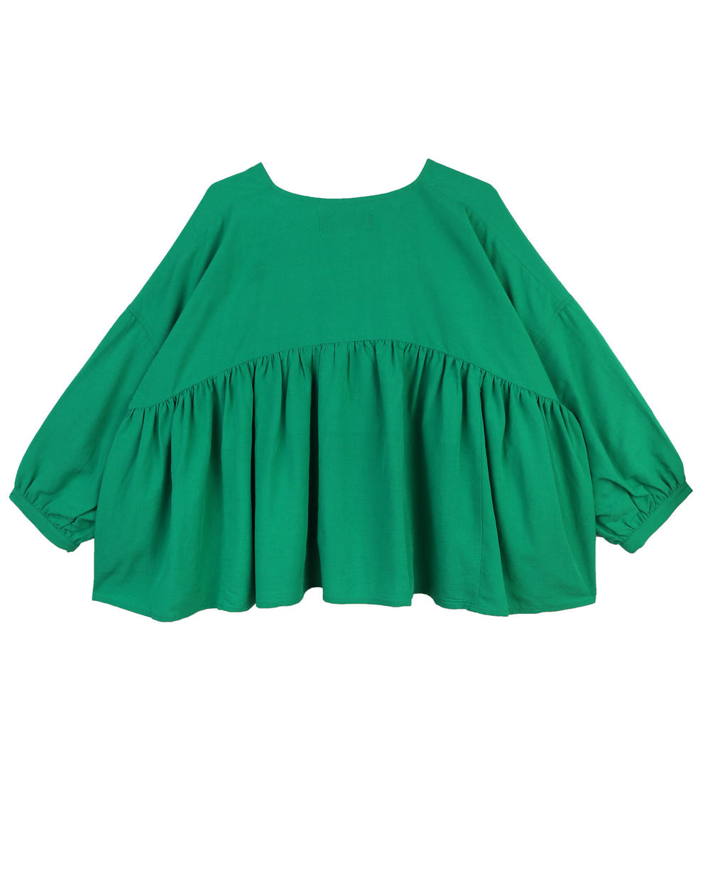 A vibrant grass green, voluminous statement top with a V-neckline and 3/4 length sleeves.