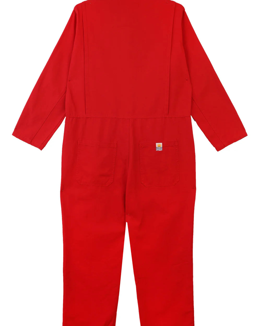 Red coverall with a brand logo on a white background