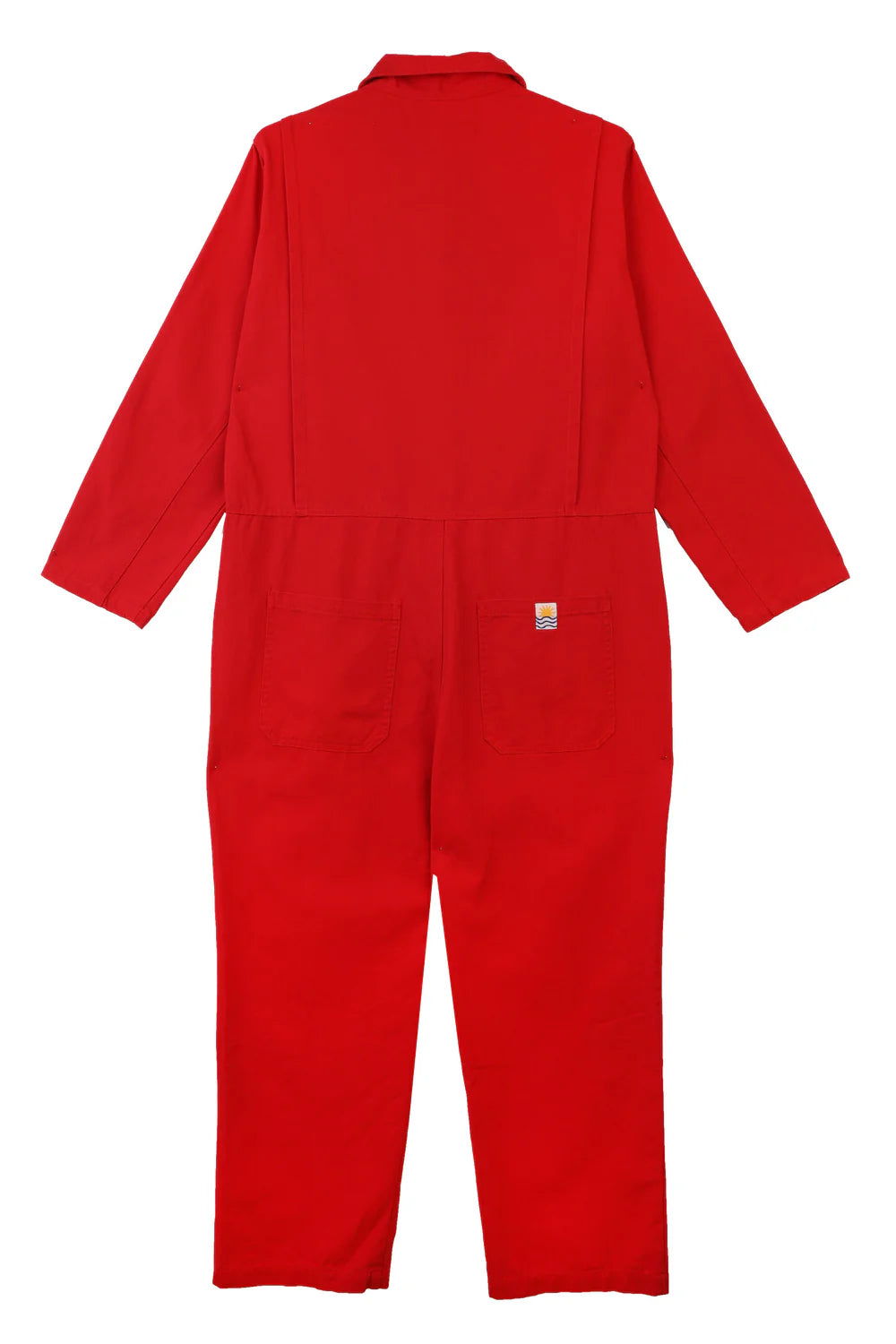 Red coverall with a brand logo on a white background