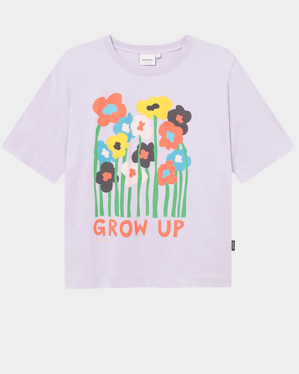 A relaxed fit purple T-shirt with a graphic of flowers and the text 'GROW UP' designed by Luke John Arnold.