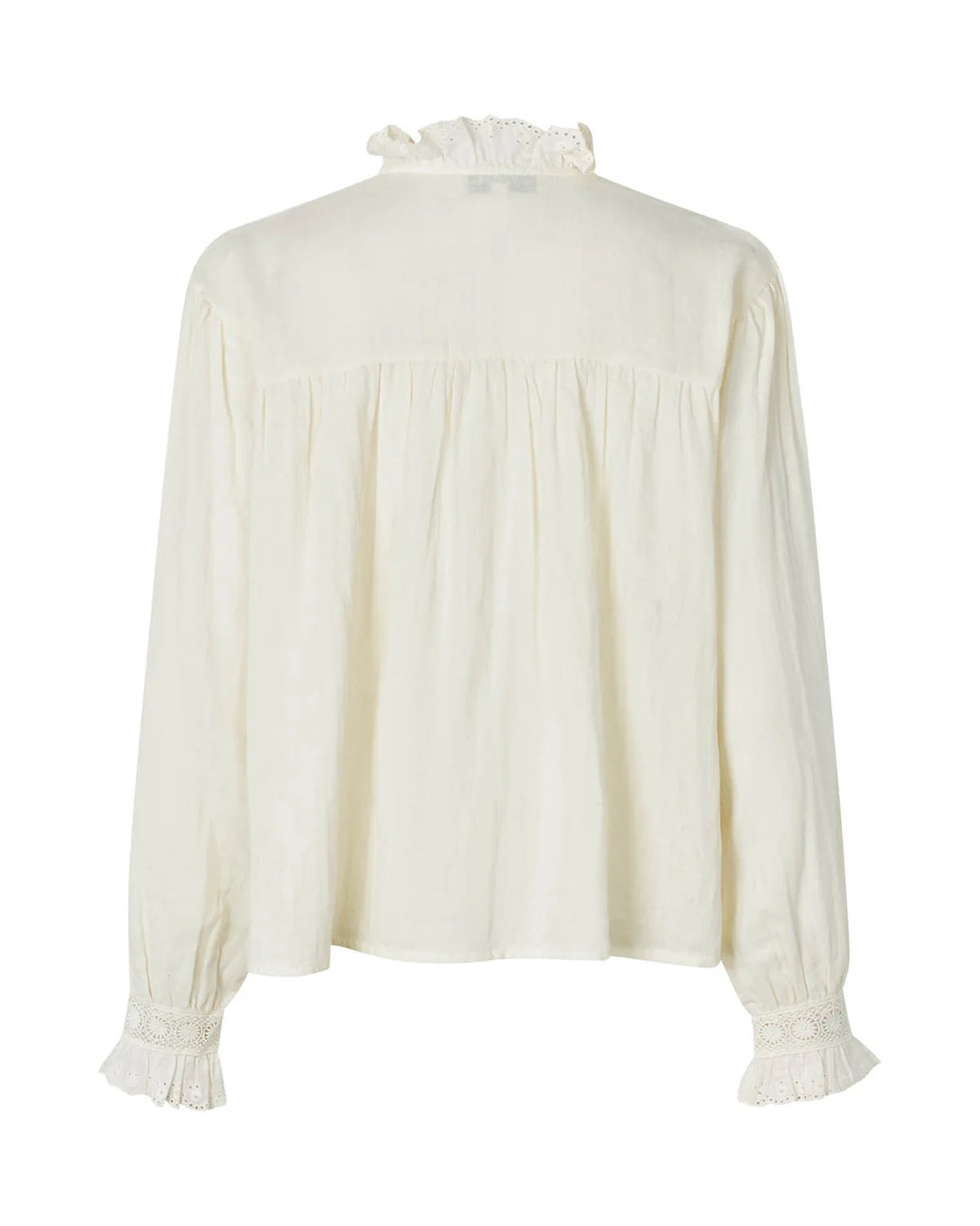 White blouse with ruffled collar on a white background