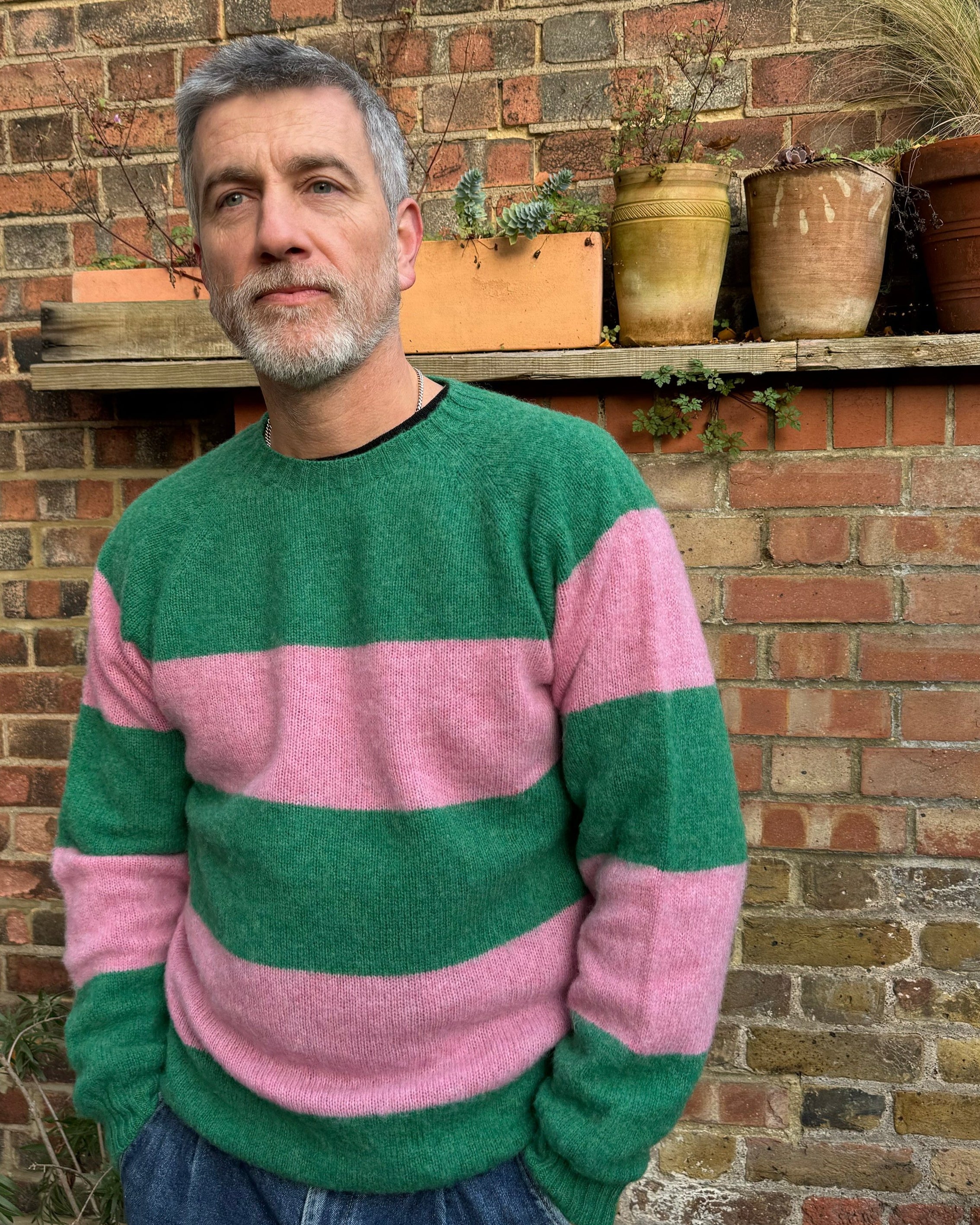 Lowie Mens Pink + Green Stripe Jumper