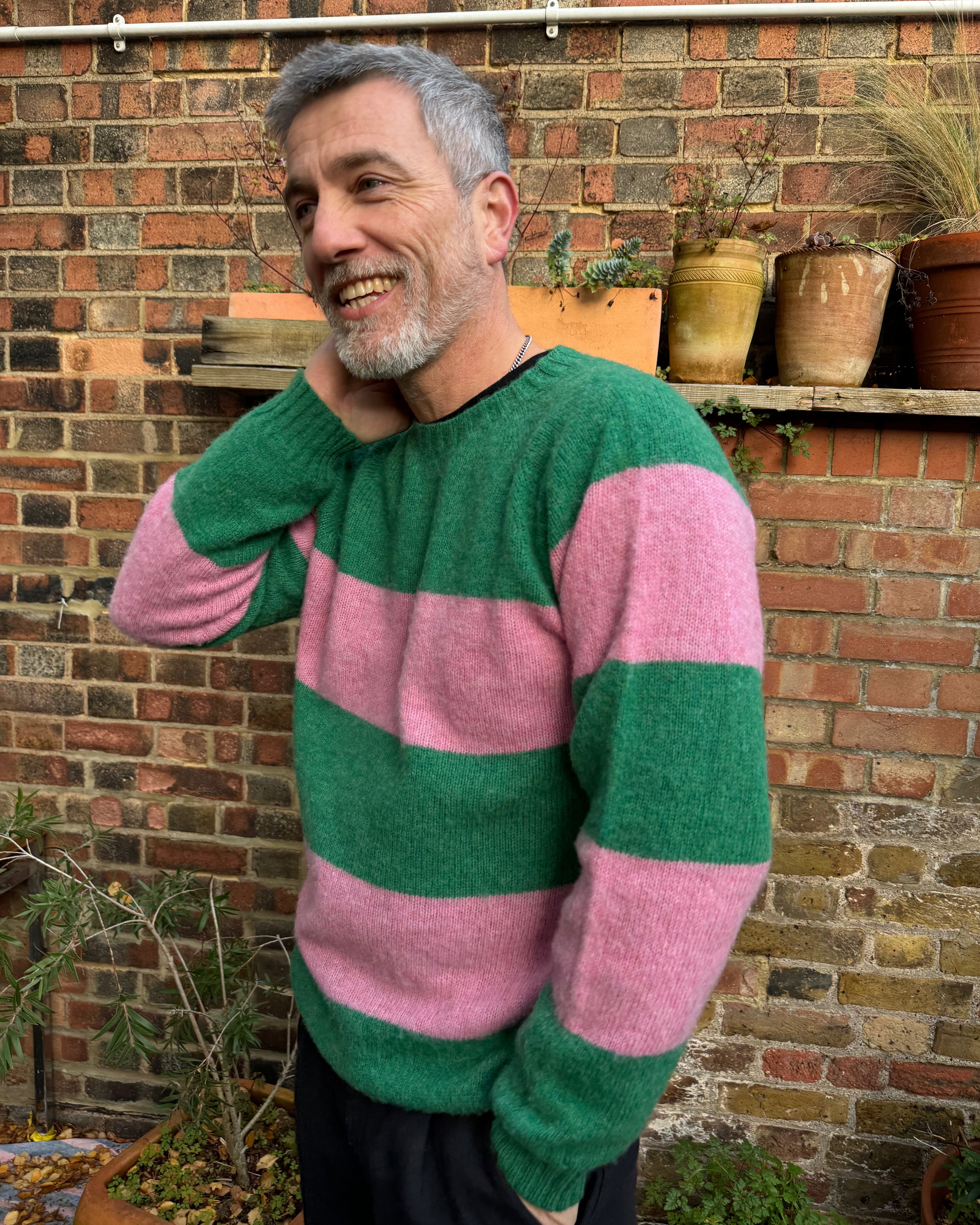 Lowie Mens Pink + Green Stripe Jumper
