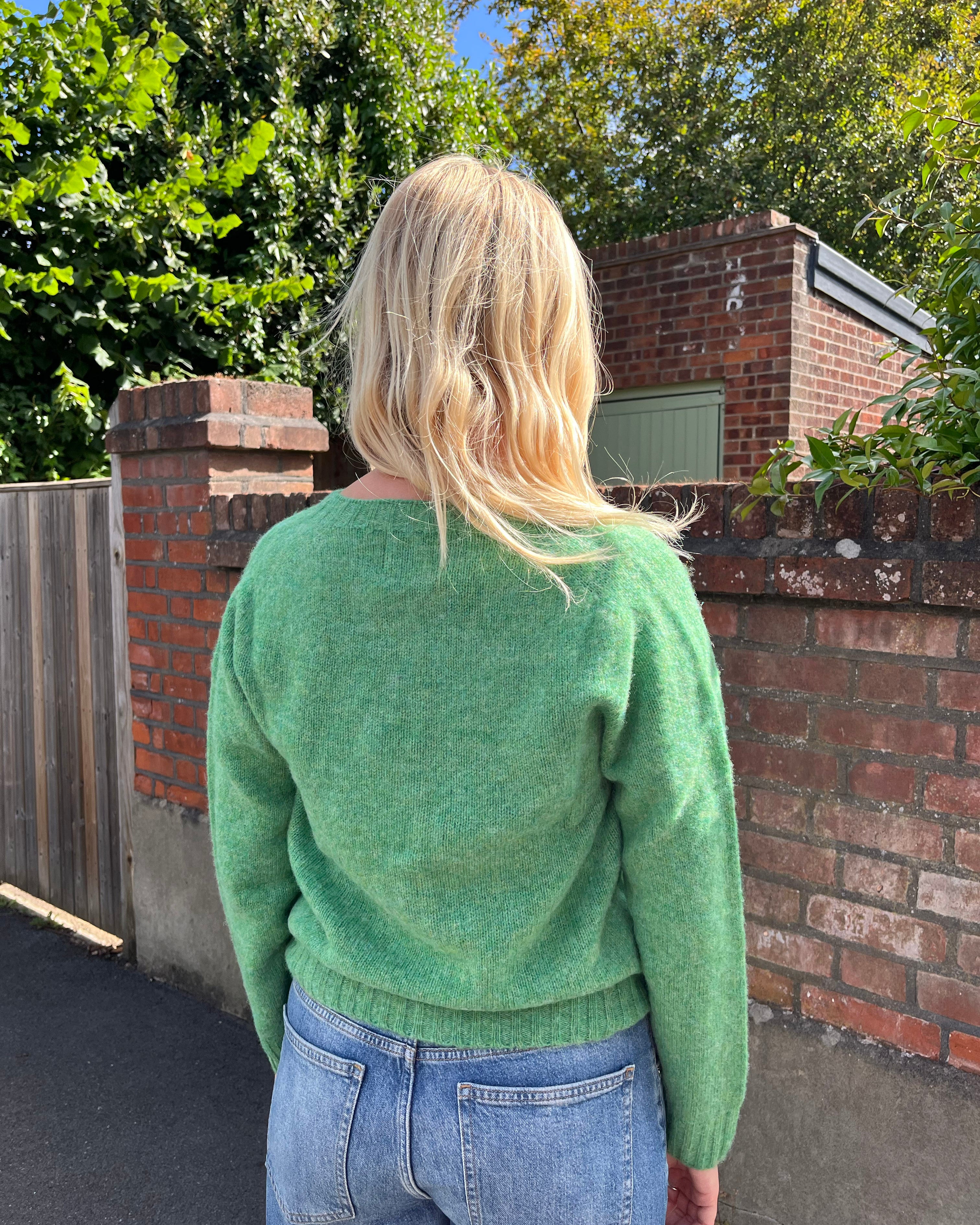 Person wearing a green sweater and blue jeans standing in front of a brick wall with trees in the background.