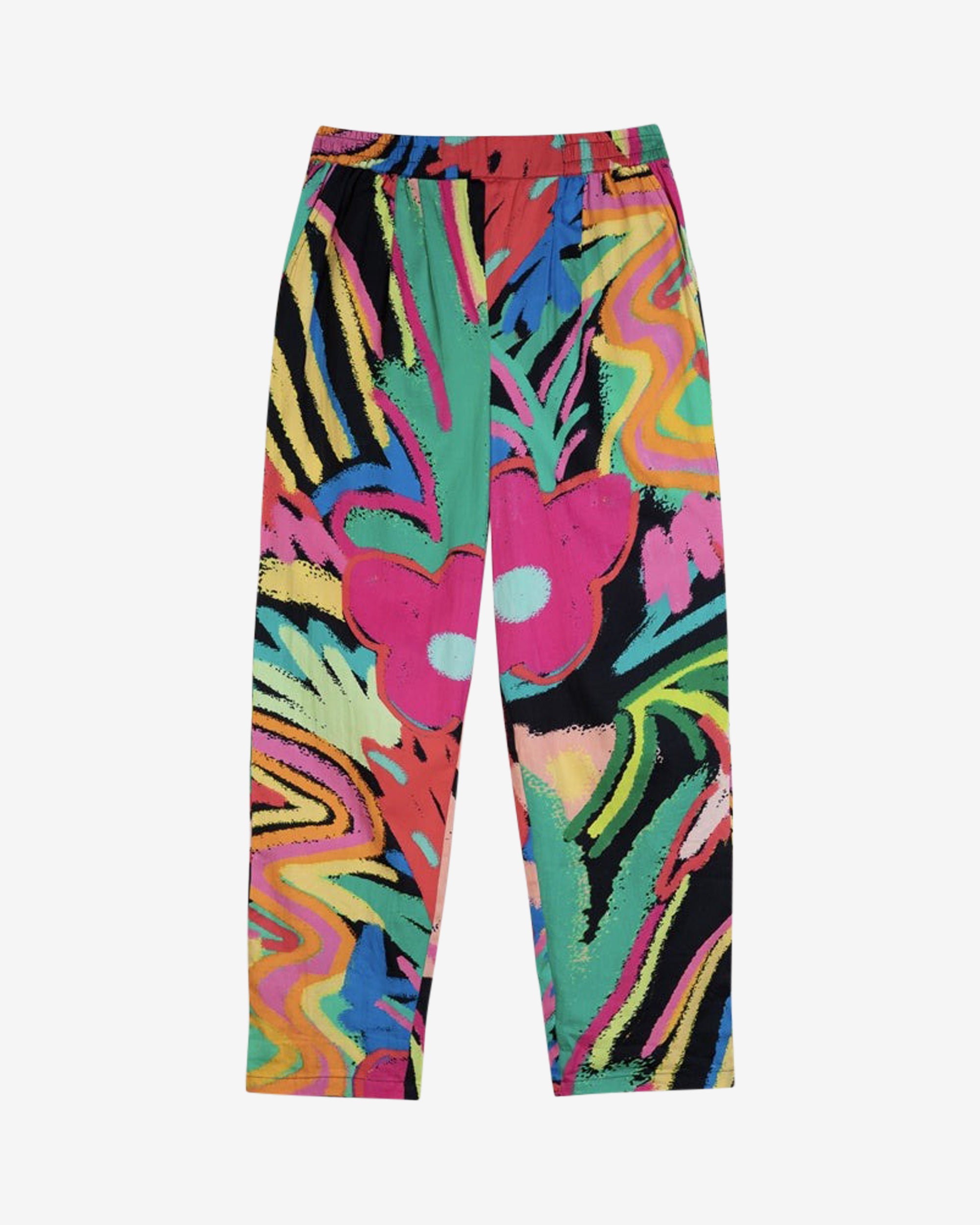 A pair of Miss Pompom Jungle Holiday Trousers with a vibrant hand-drawn tropical print in bright colors.