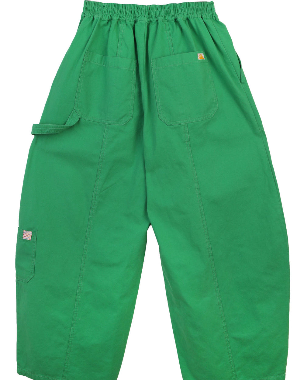 A pair of green cotton workwear style trousers with high elasticated waist and utility style pocket detailing.