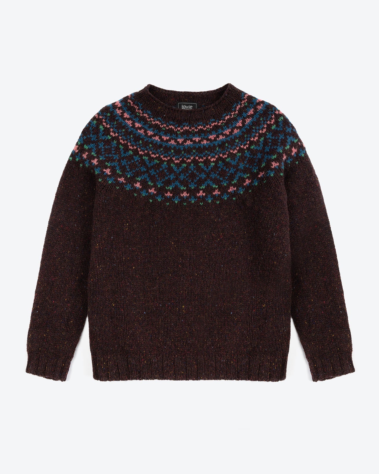 Brown sweater with a colorful pattern on a white background