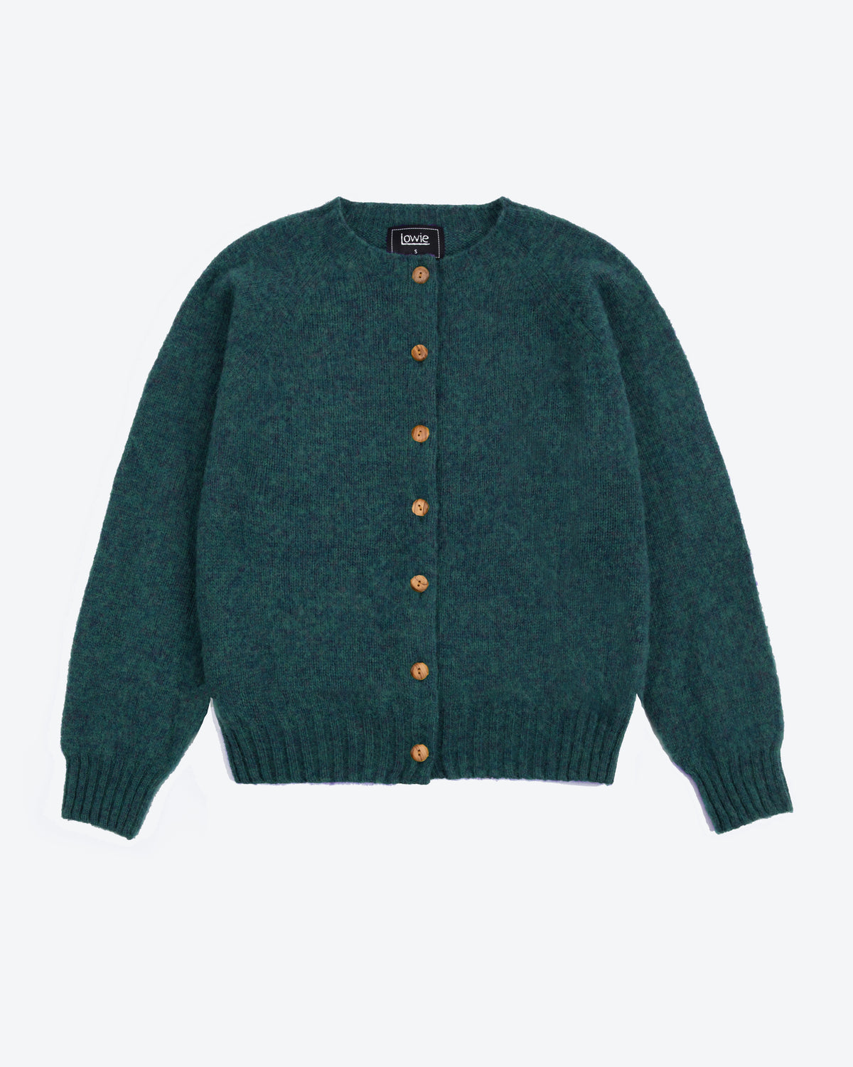 A dark teal green knit cardigan sweater with brown buttons, laid flat against a light gray background.