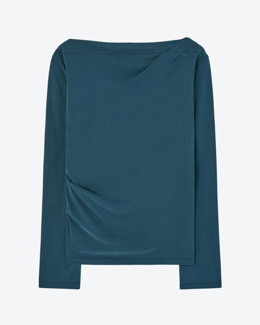Teal long-sleeve top on a light gray background