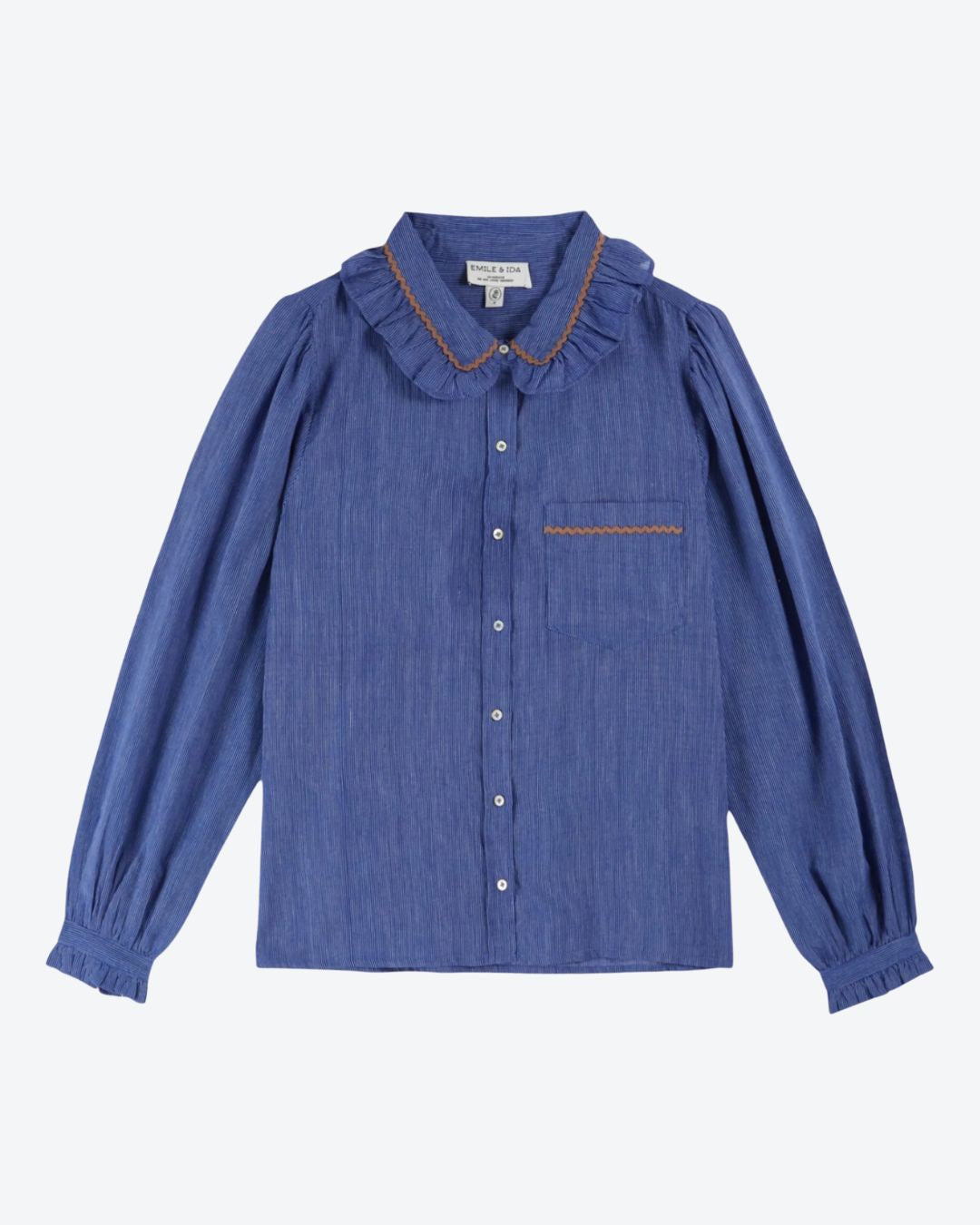 Blue shirt with ruffled collar on a white background