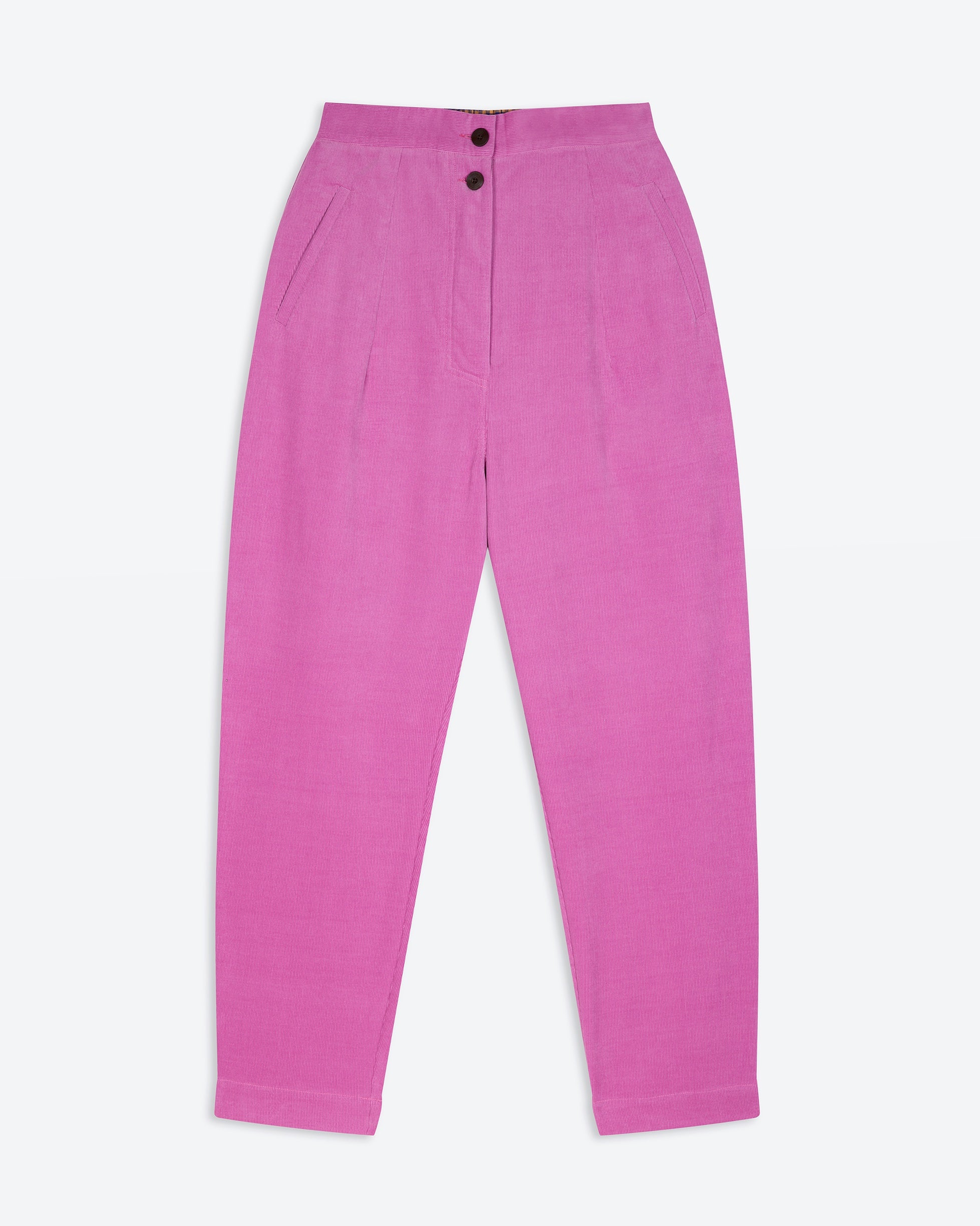 Pink pants with button details on a white background