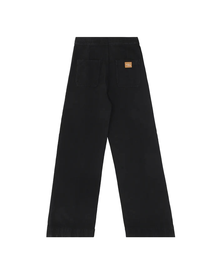 Black pants with a brand logo on a white background