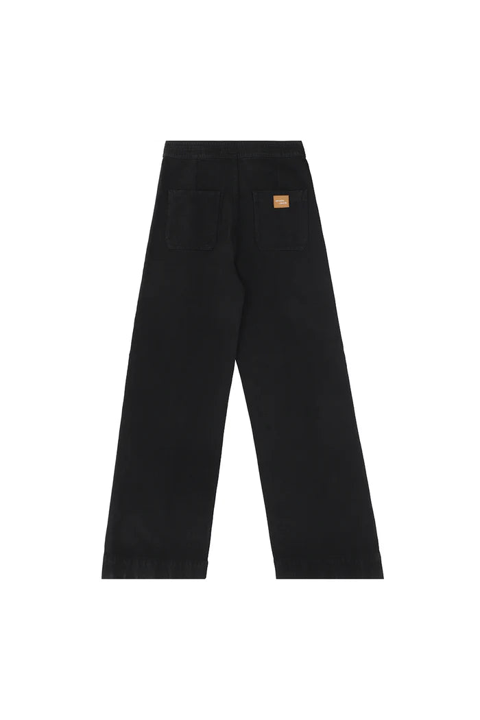 Black pants with a brand logo on a white background