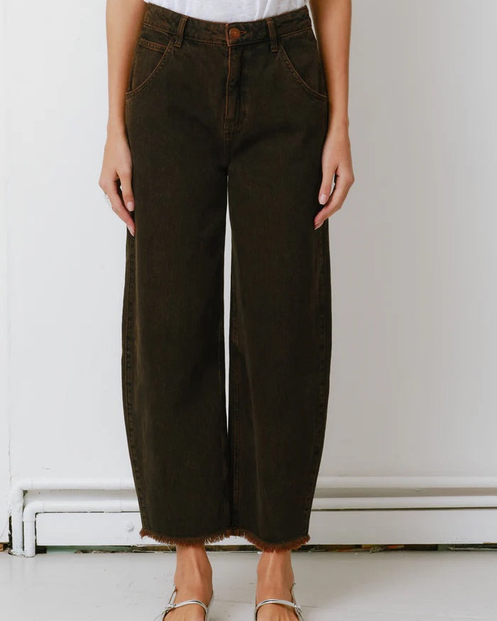 Person wearing dark green wide-leg pants and a white top against a plain background