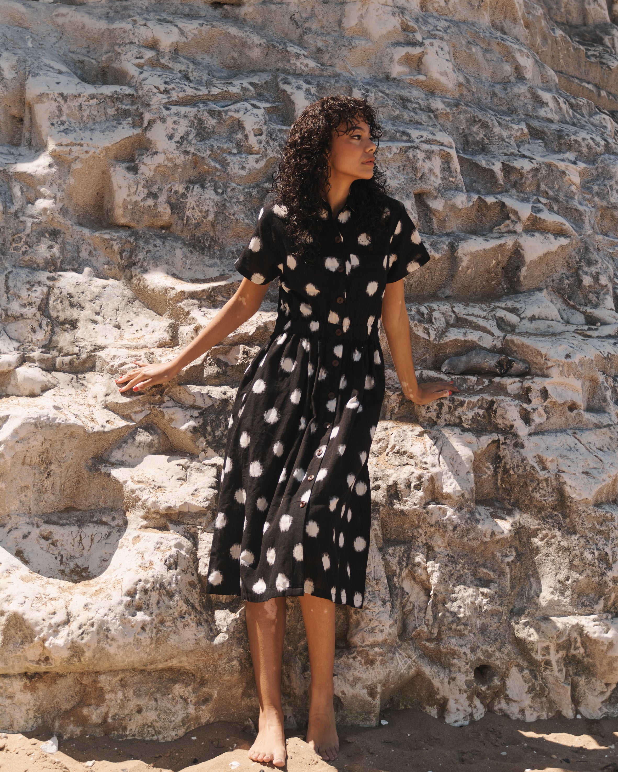 Lowie Model Wearing Ikat shirt dress