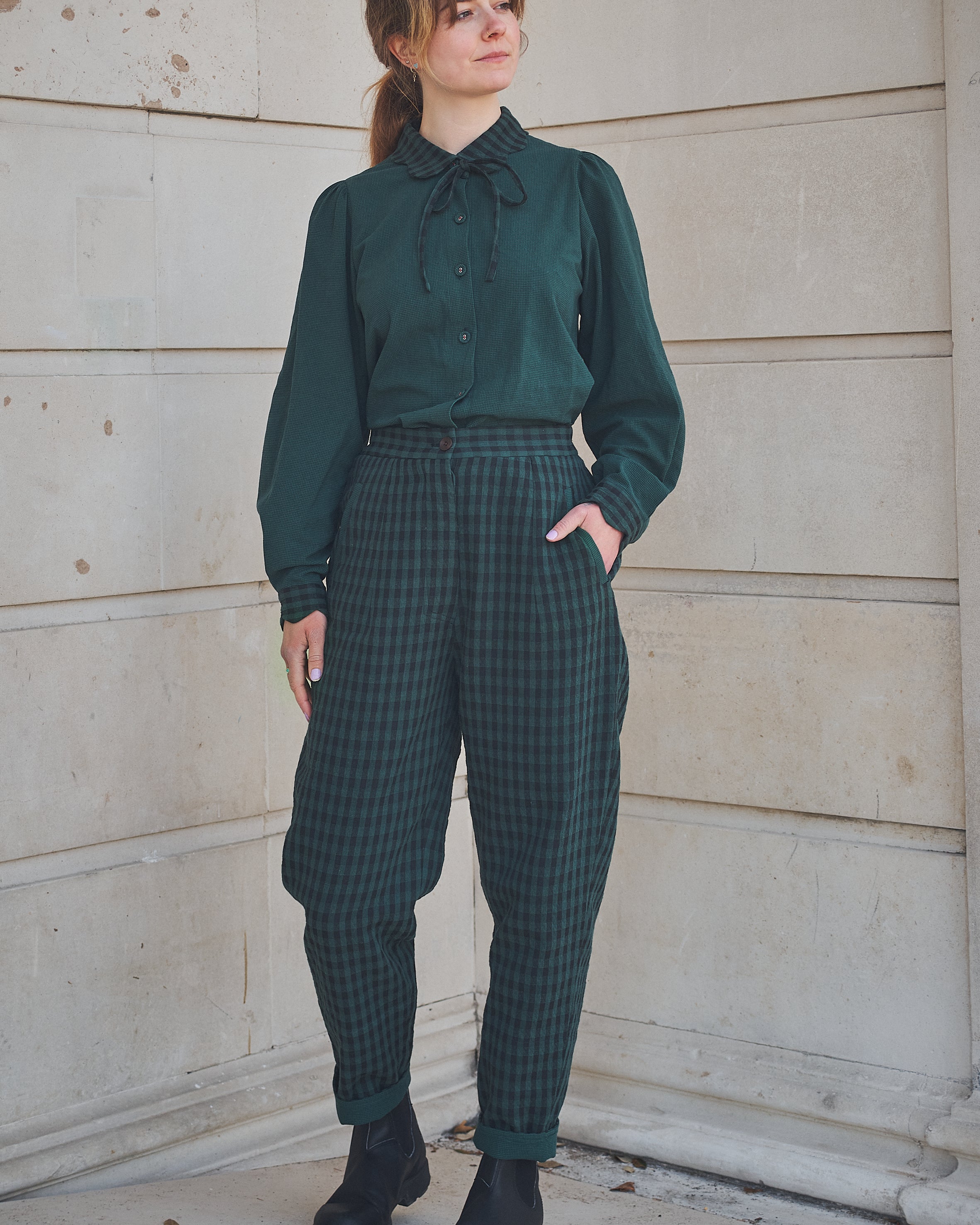 Woman wearing Lowie Green Check Scallop Collar Shirt