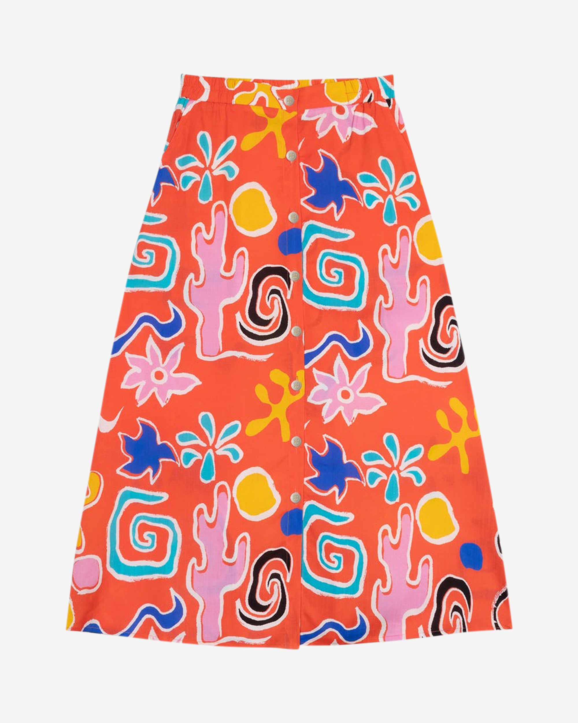 A midi-length orange skirt with a colorful abstract print, featuring side pockets and elasticated back waist.
