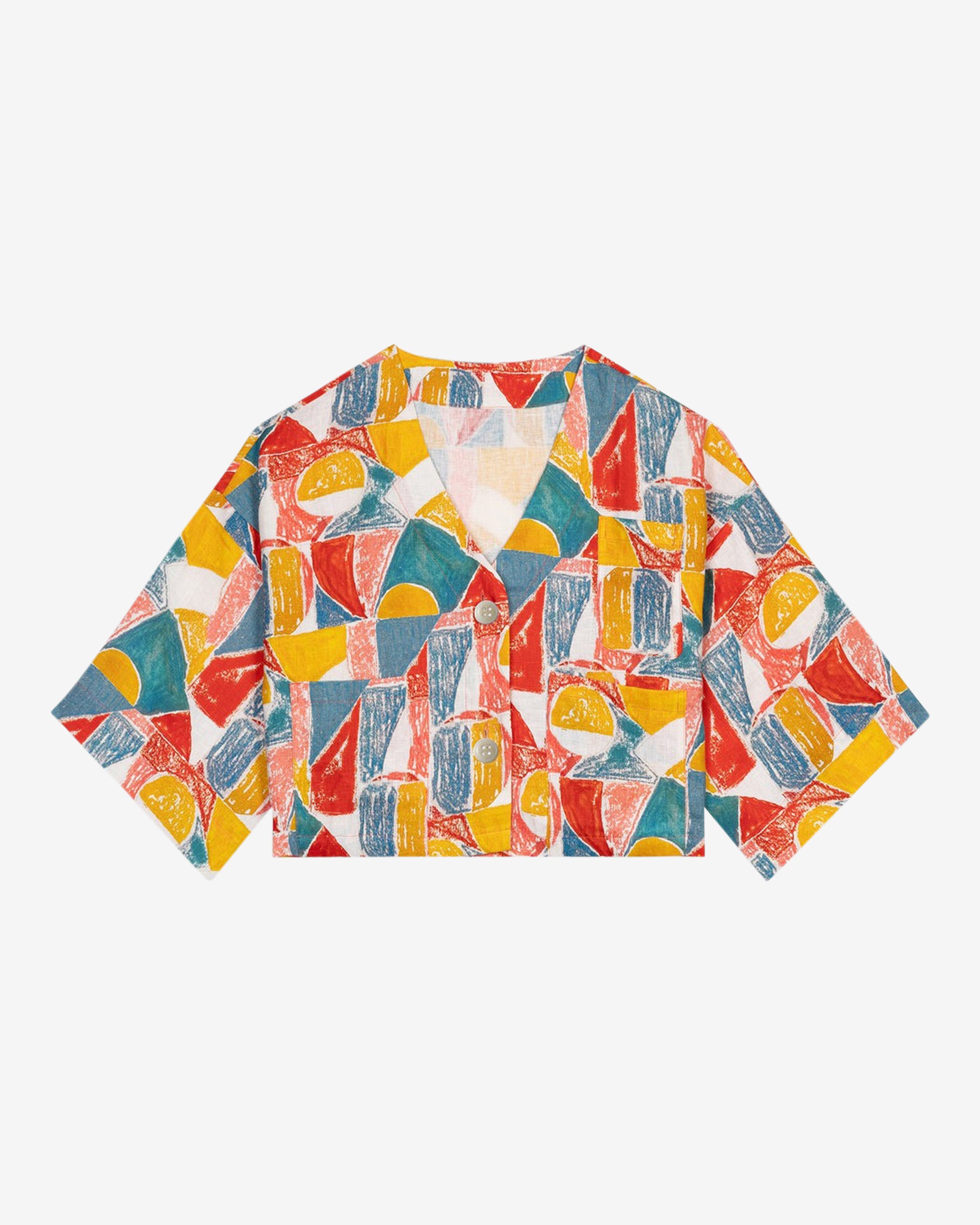 A colorful geometric patterned linen jacket with a V-neckline, elbow length sleeves, and a cropped fit.