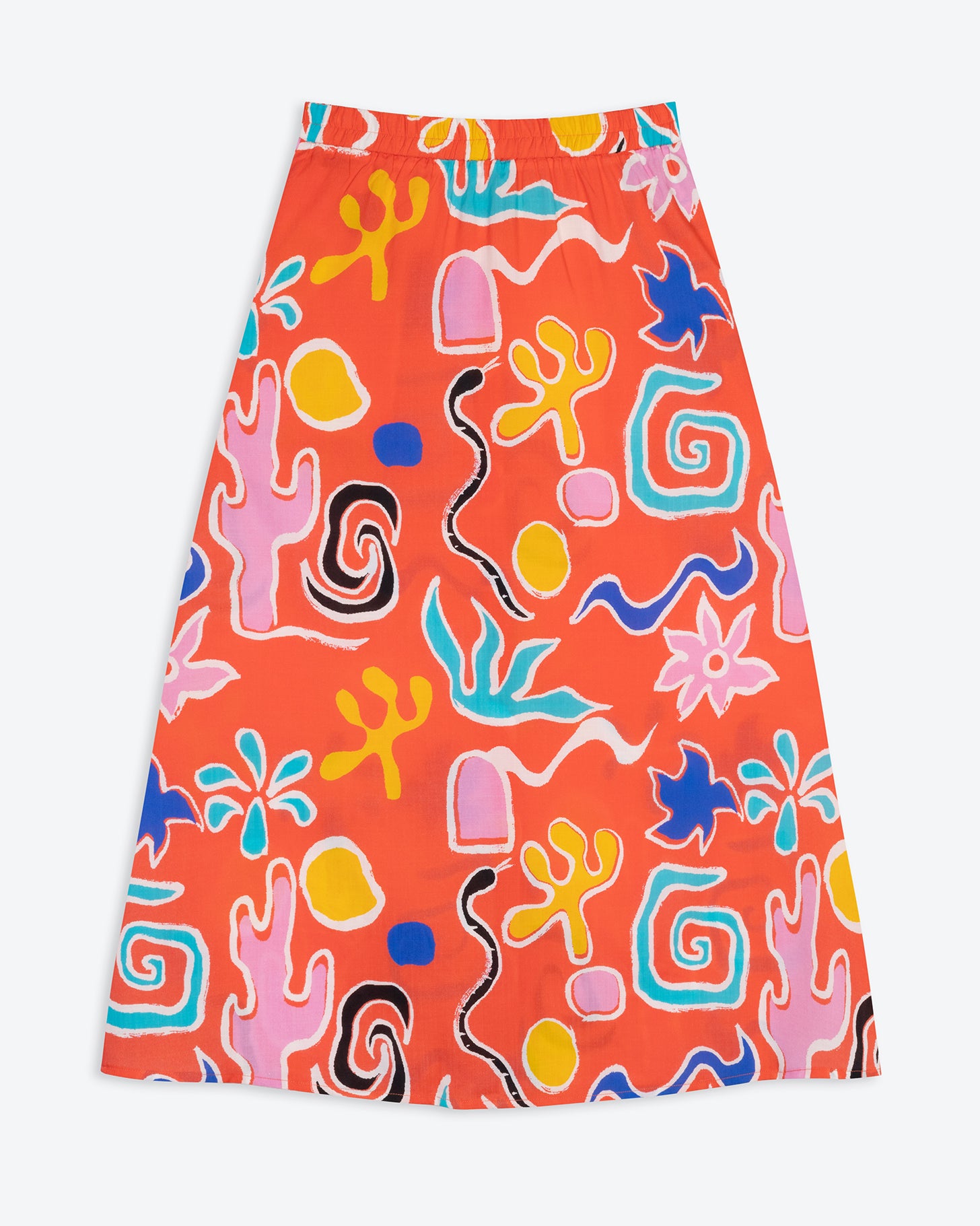 A midi-length orange skirt with a colorful abstract print, featuring side pockets and elasticated back waist.