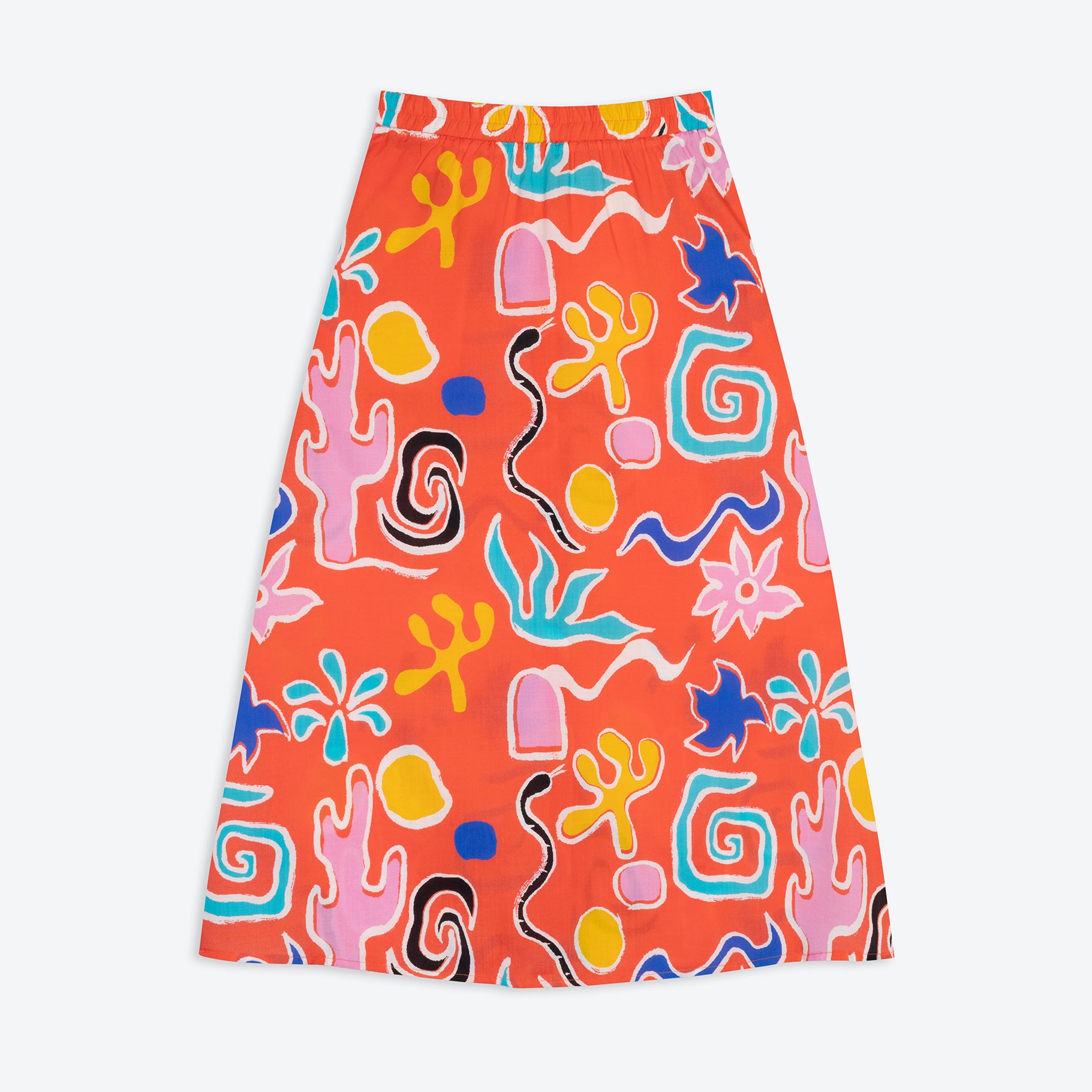 A midi-length orange skirt with a colorful abstract print, featuring side pockets and elasticated back waist.