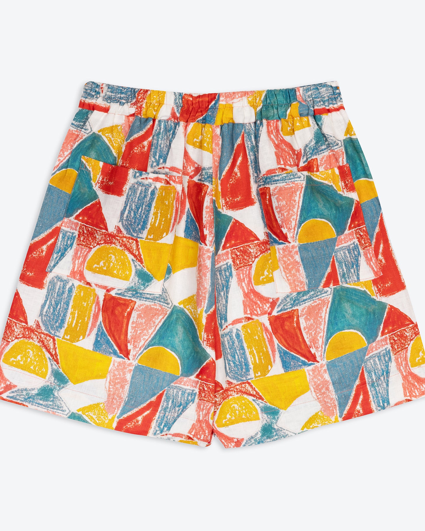 High waisted mid thigh length shorts with a colorful geometric pattern. The shorts have front pleats and a flat fronted waist.