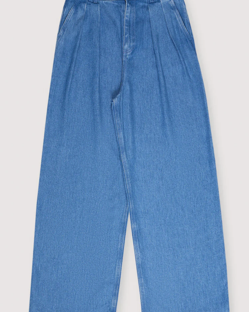 A pair of blue denim jeans with a straight-leg silhouette and back pockets featuring embroidery.