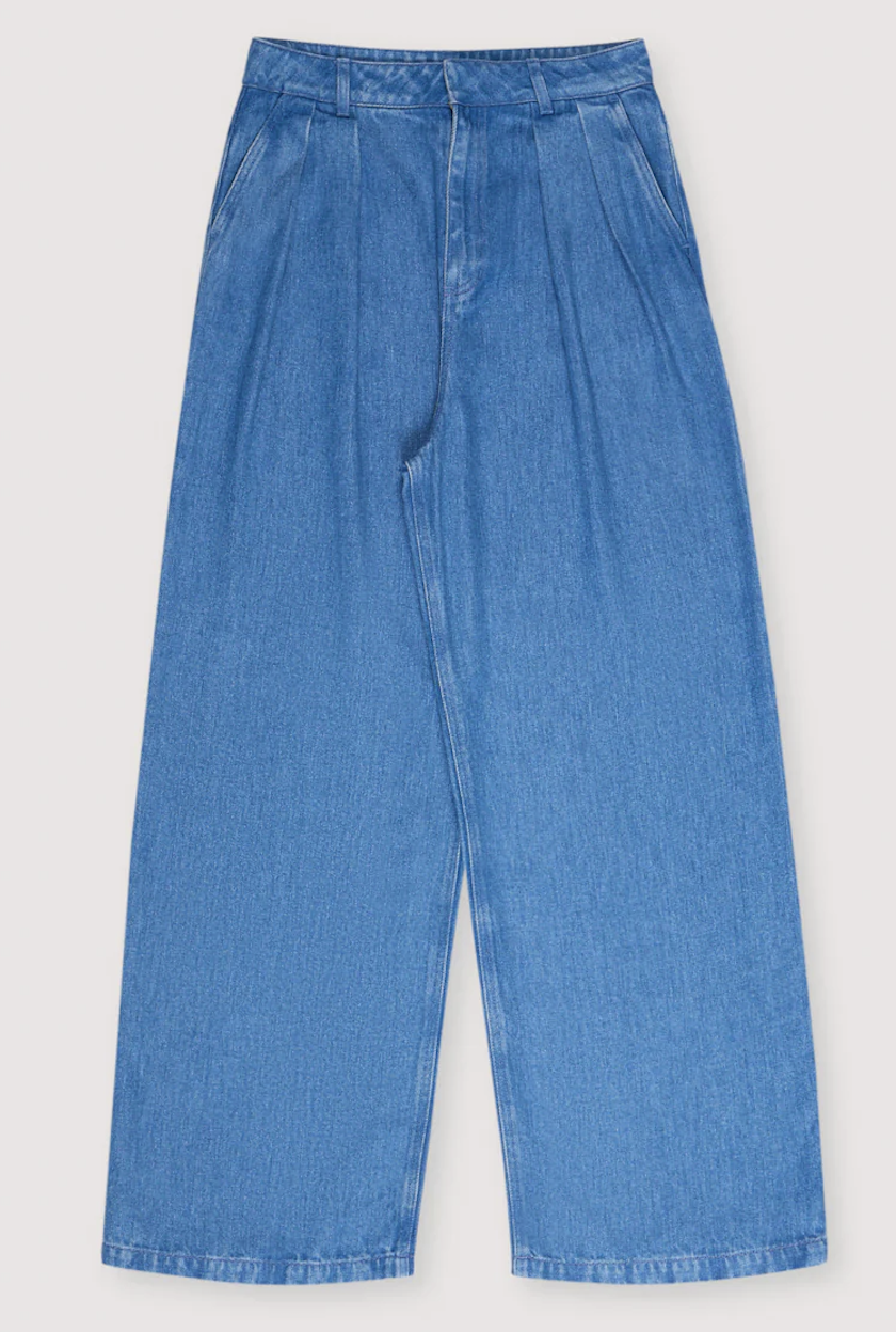 A pair of blue denim jeans with a straight-leg silhouette and back pockets featuring embroidery.